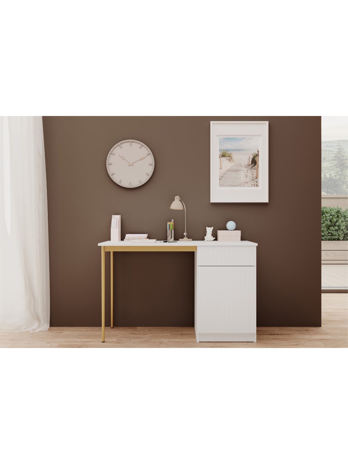 birou de scris Nicole 120 cm cu sertar - bialy mat / aurii nozki