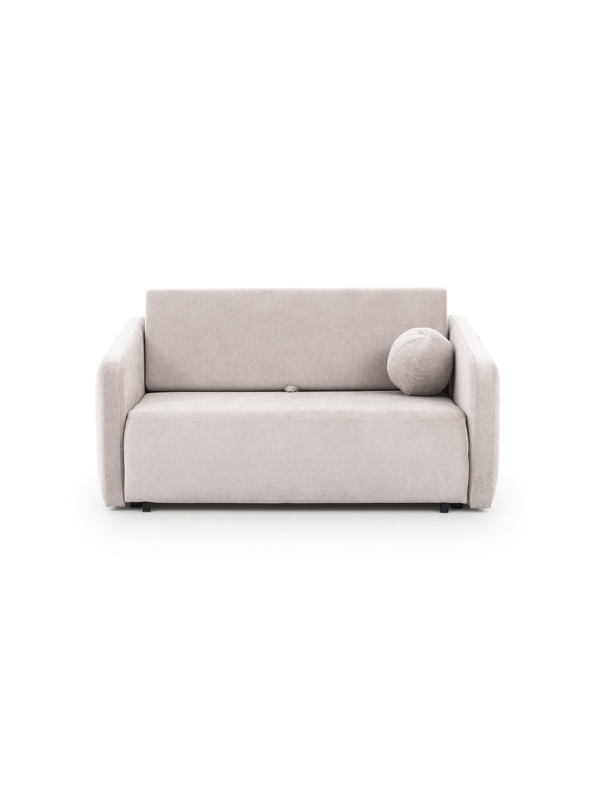 Sofa Zeldia 155 w jasnym beżowym kolorze z czarnymi nogami i okrągłą poduszką dekoracyjną