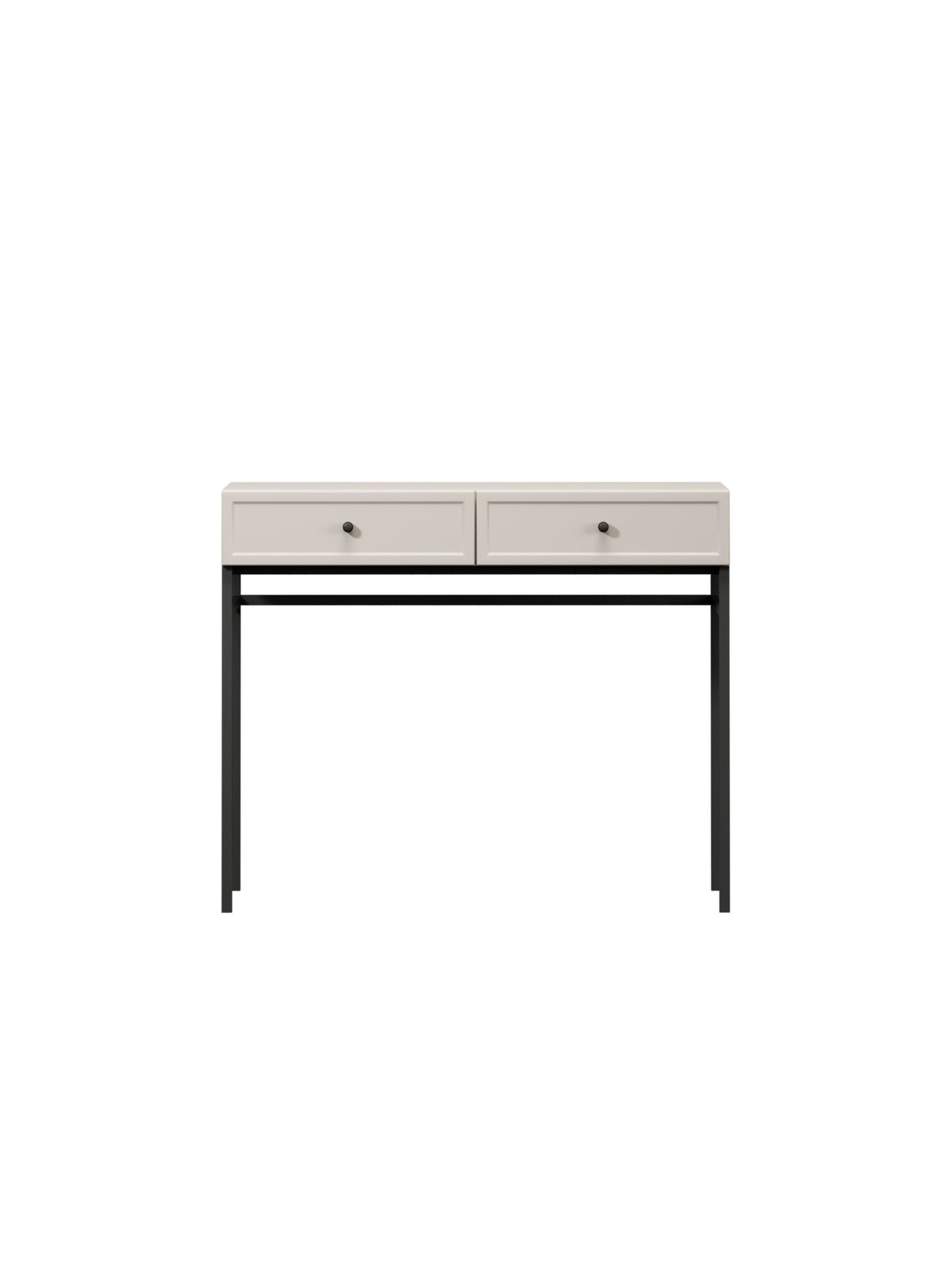 Consolă Lorini 100 cm culoare casmir cu mânere negre și cadru metalic, două sertare