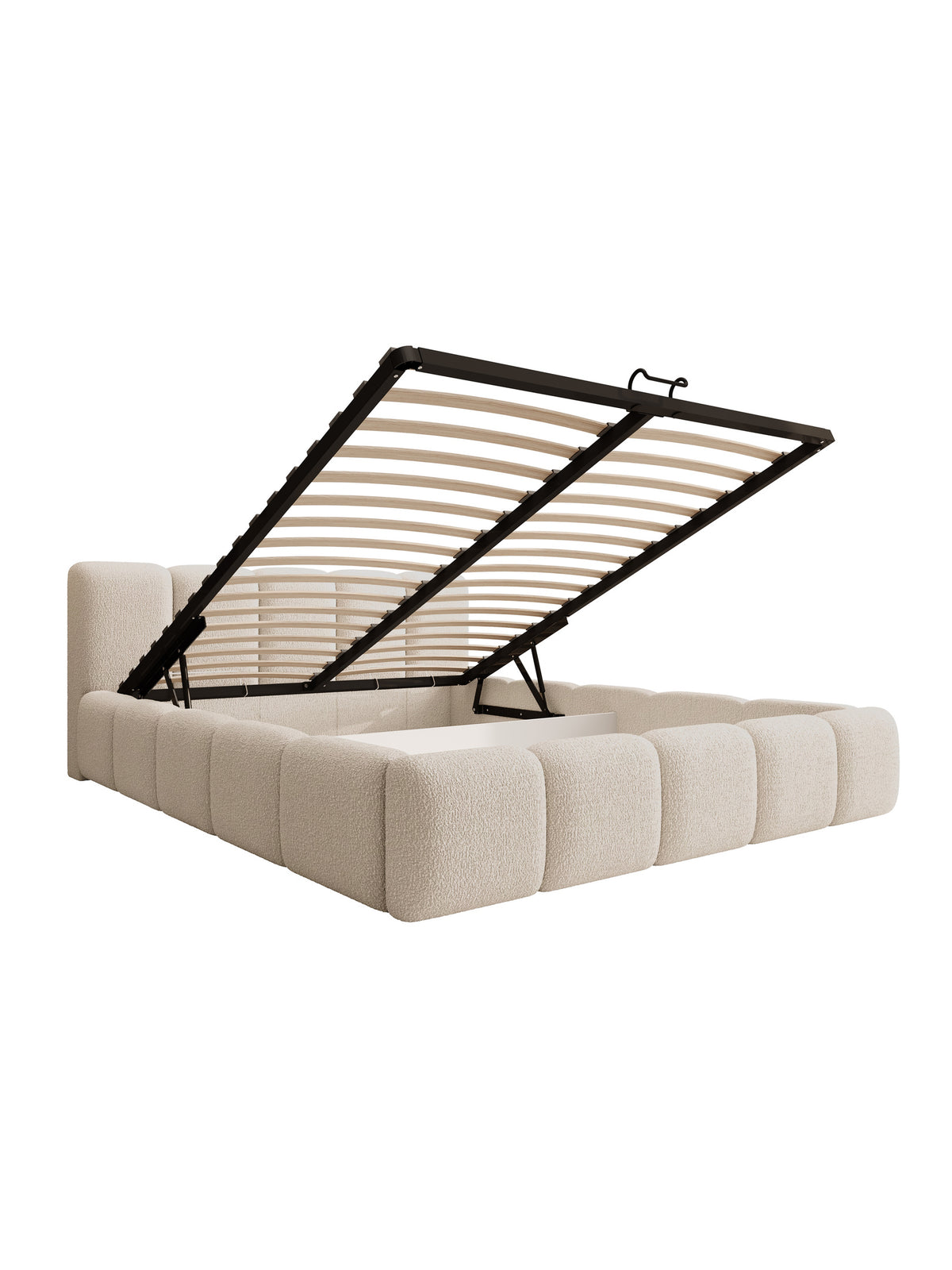 Pat tapițat Tesia 160x200 cu spațiu de depozitare, bej, somieră rabatabilă
