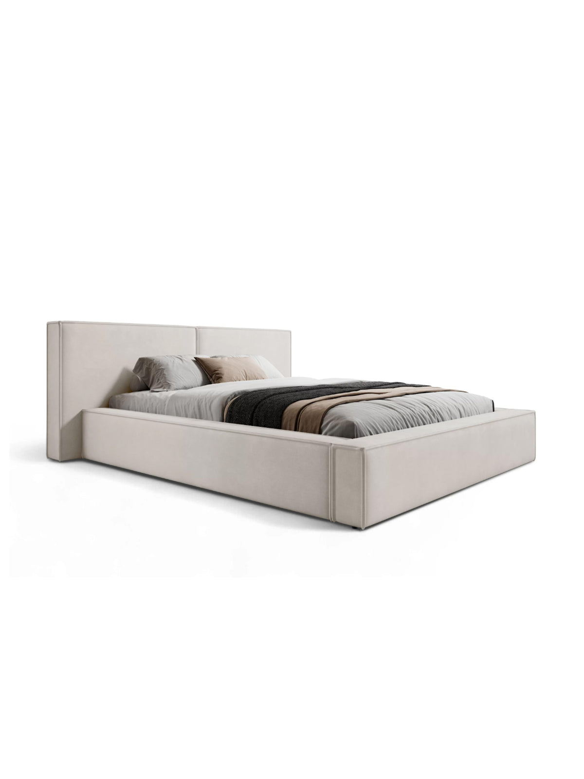 Pat tapițat Molino 180x200 cu spațiu depozitare și tăblie înaltă, culoare deschisă