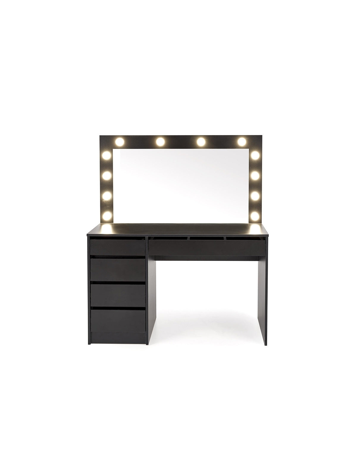 Masă de toaletă Velinio XL 120 cm neagră cu oglindă și iluminare LED, 5 sertare