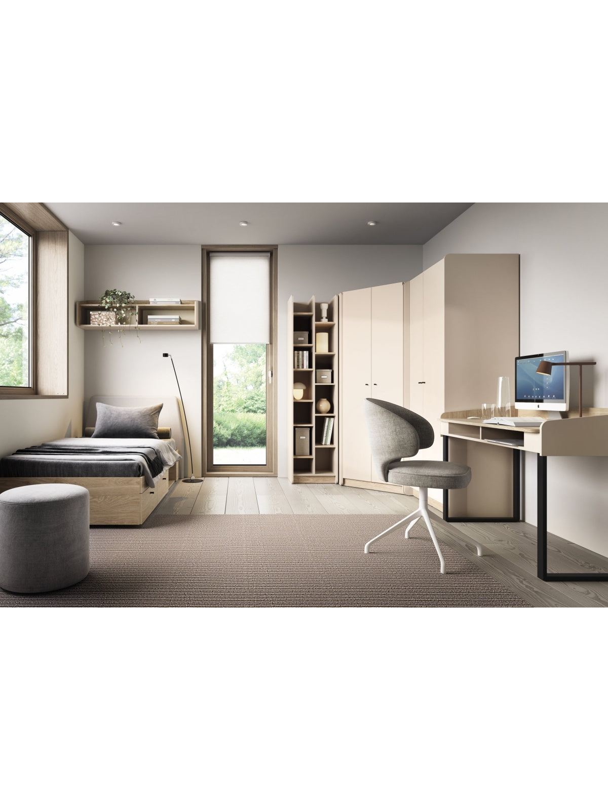 Birou Fiorenza 125 cm bej nisipiu cu stejar uleiat, picioare metalice, stil modern