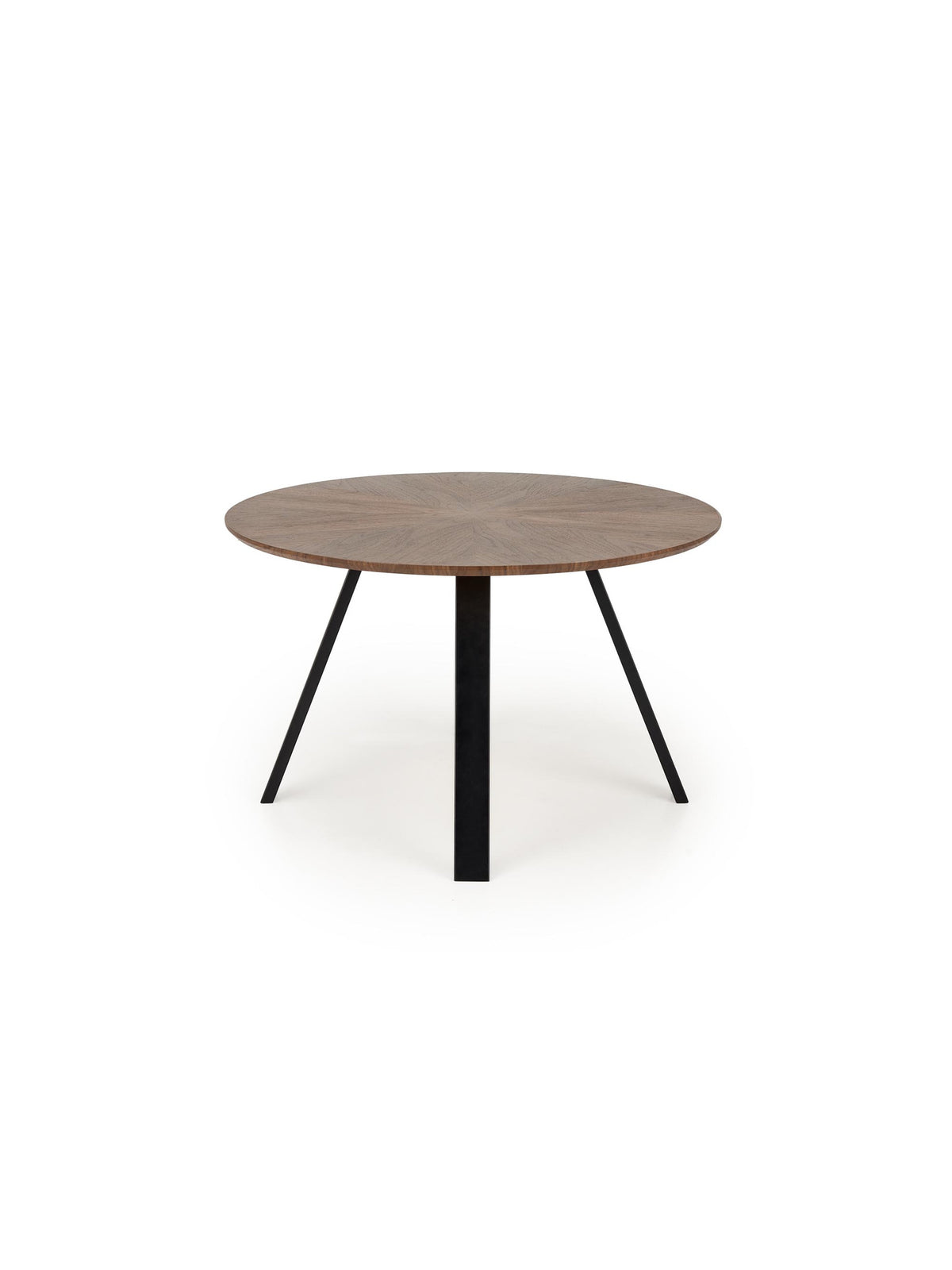 Masă rotundă Vexo 120 cm cu blat furniruit nuc și picioare negre, stil Modern Organic