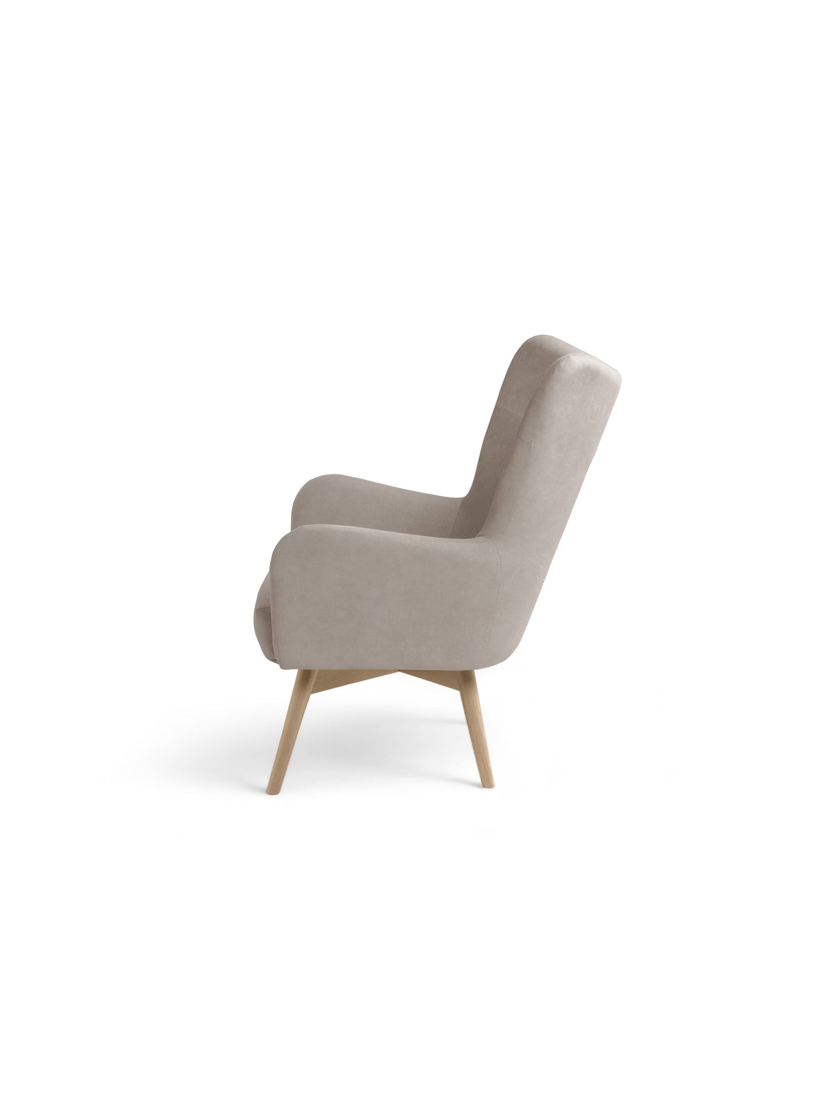 Fotoliu Uszak Nordic scandinav bej cu material catifelat usor de curatat Cloud 03 şi picioare din lemn de fag, vedere laterală