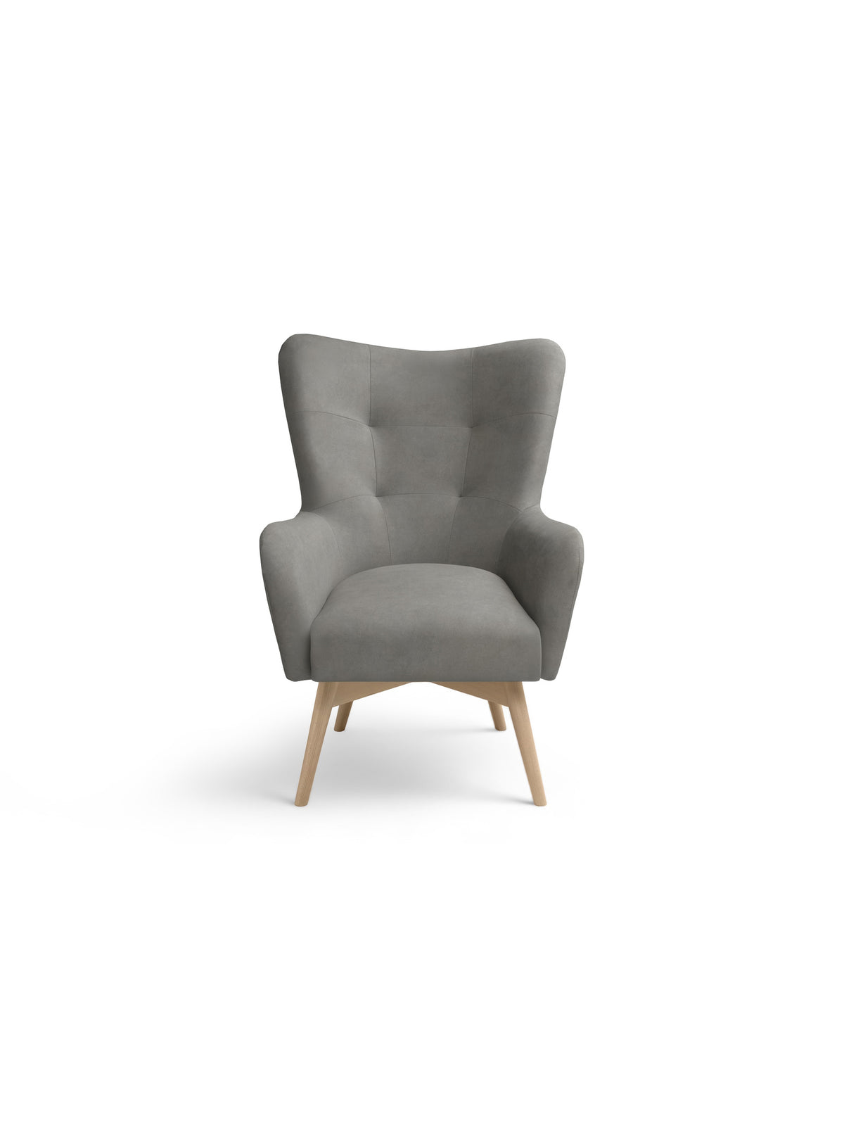 Fotoliu Uszak Scandinav Nordic gri din catifea ușor de curățat Cloud 87 cu picioare din fag, vedere frontală