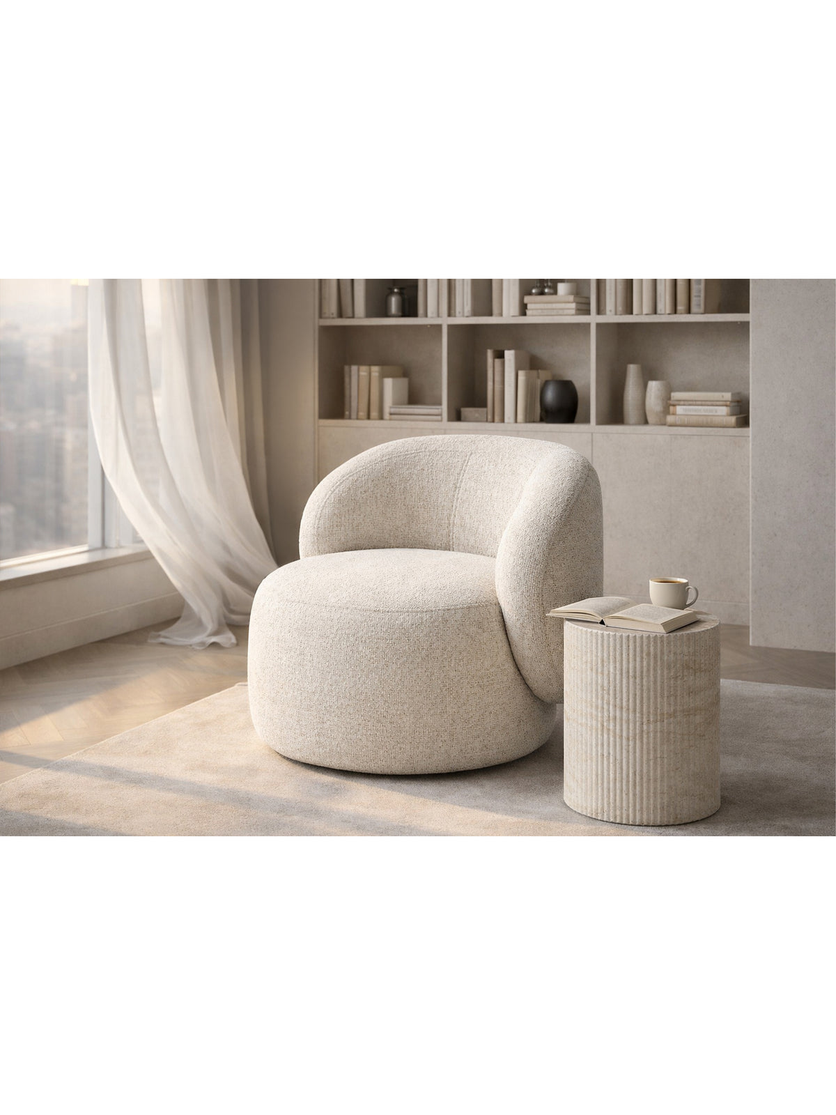 Fotoliu de relaxare rotativ Calmi crem cu tapițerie szenil Bella 05 design modern