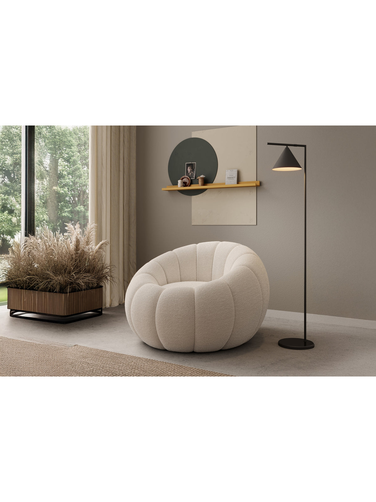 Fotoliu relax Pares crem boucle Lambi 1, design modern organic, vedere frontală