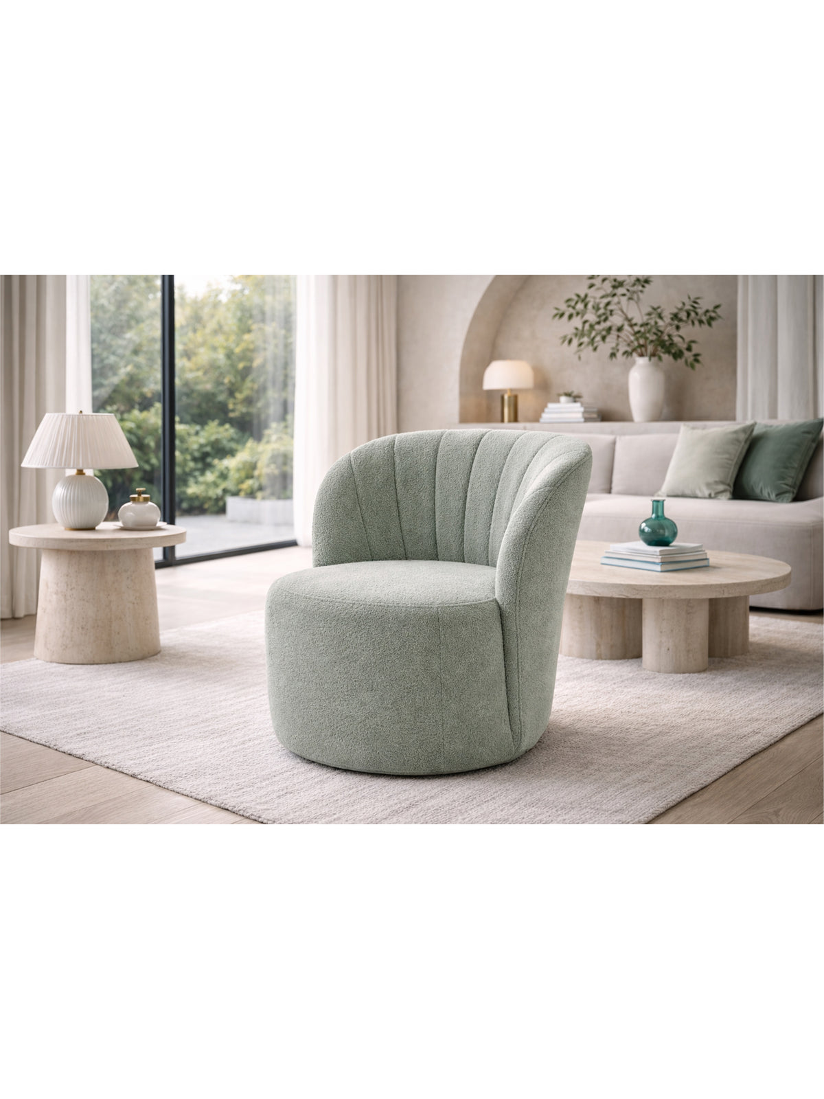 Fotoliu relaxare Soya verde boucle Catch Me 13, stil Modern Organic, vedere frontală