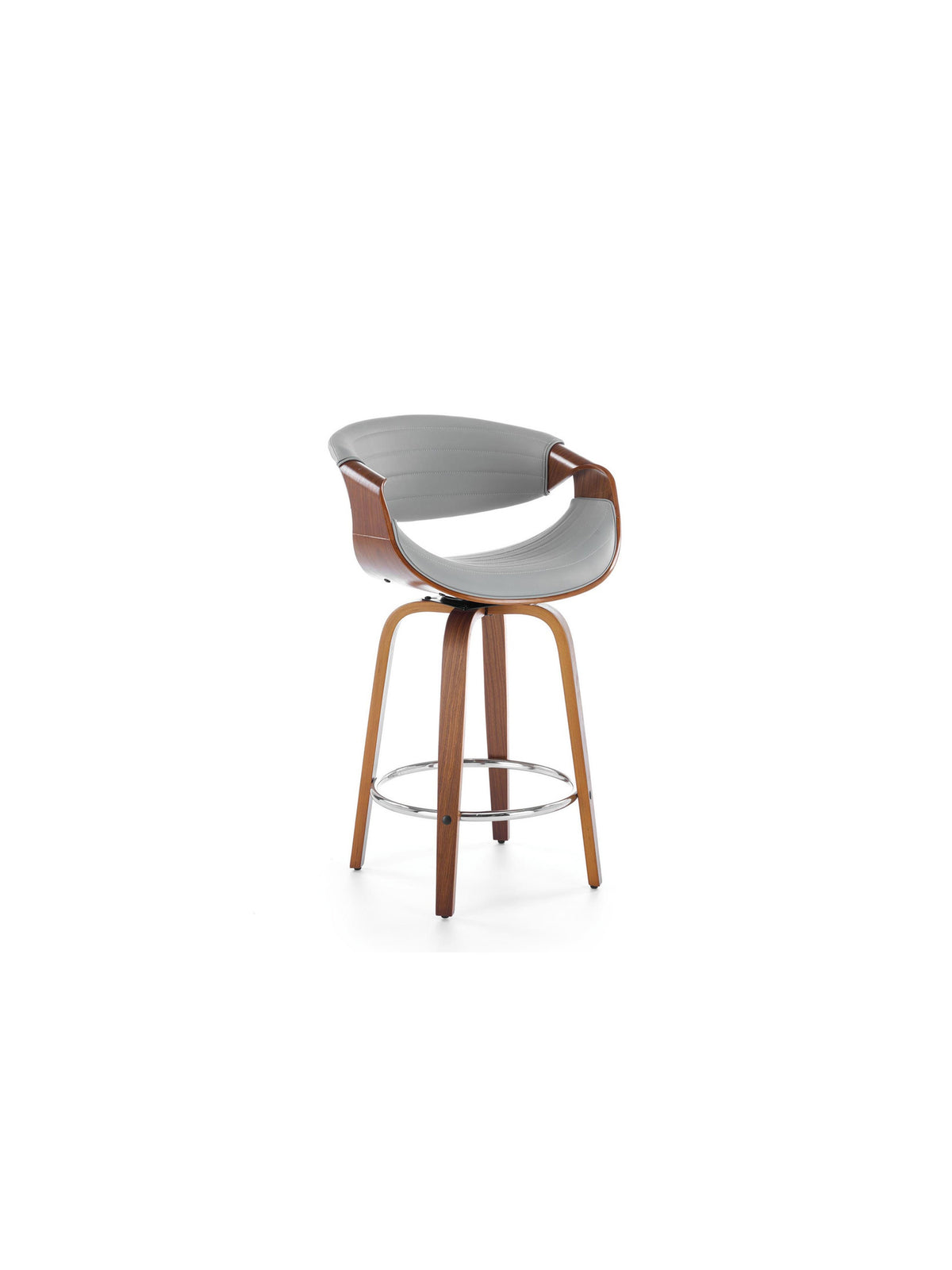 Scaun bar Solvane cu șezut gri din piele ecologică și picioare din nuc, stil modern