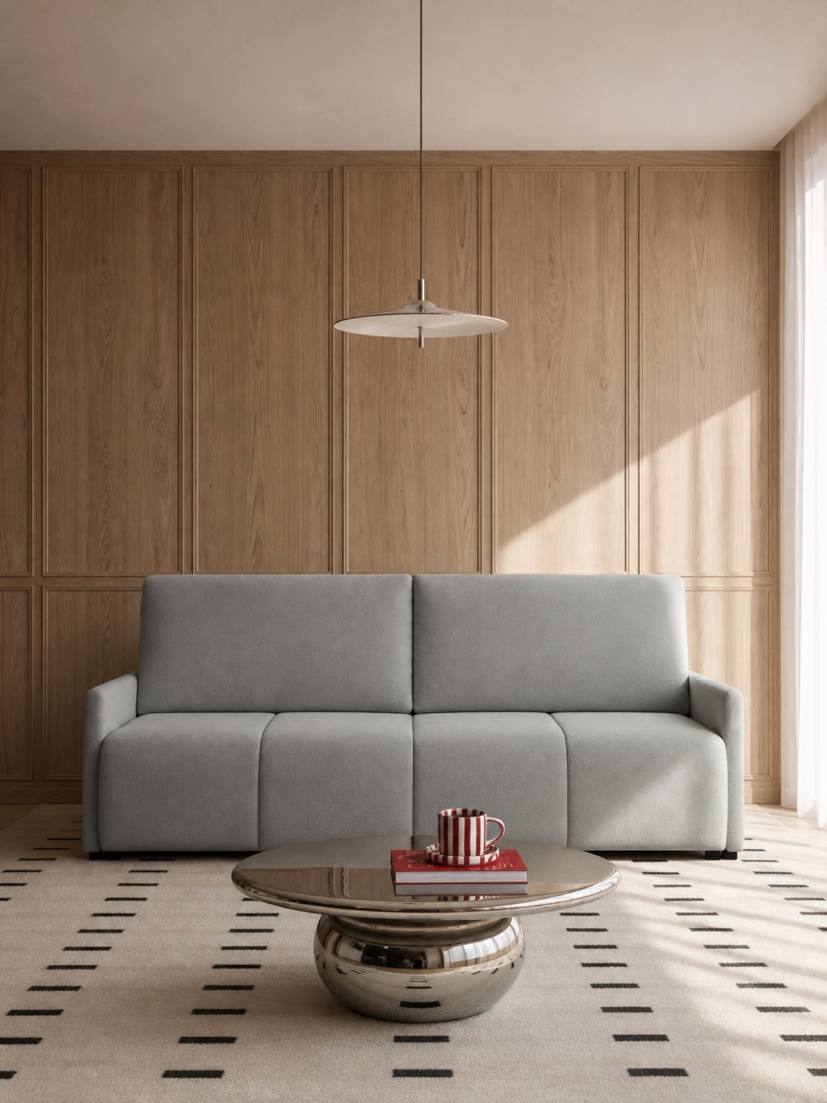 Canapea Capri gri din țesătură Vela 86 cu funcție de dormit în interior modern