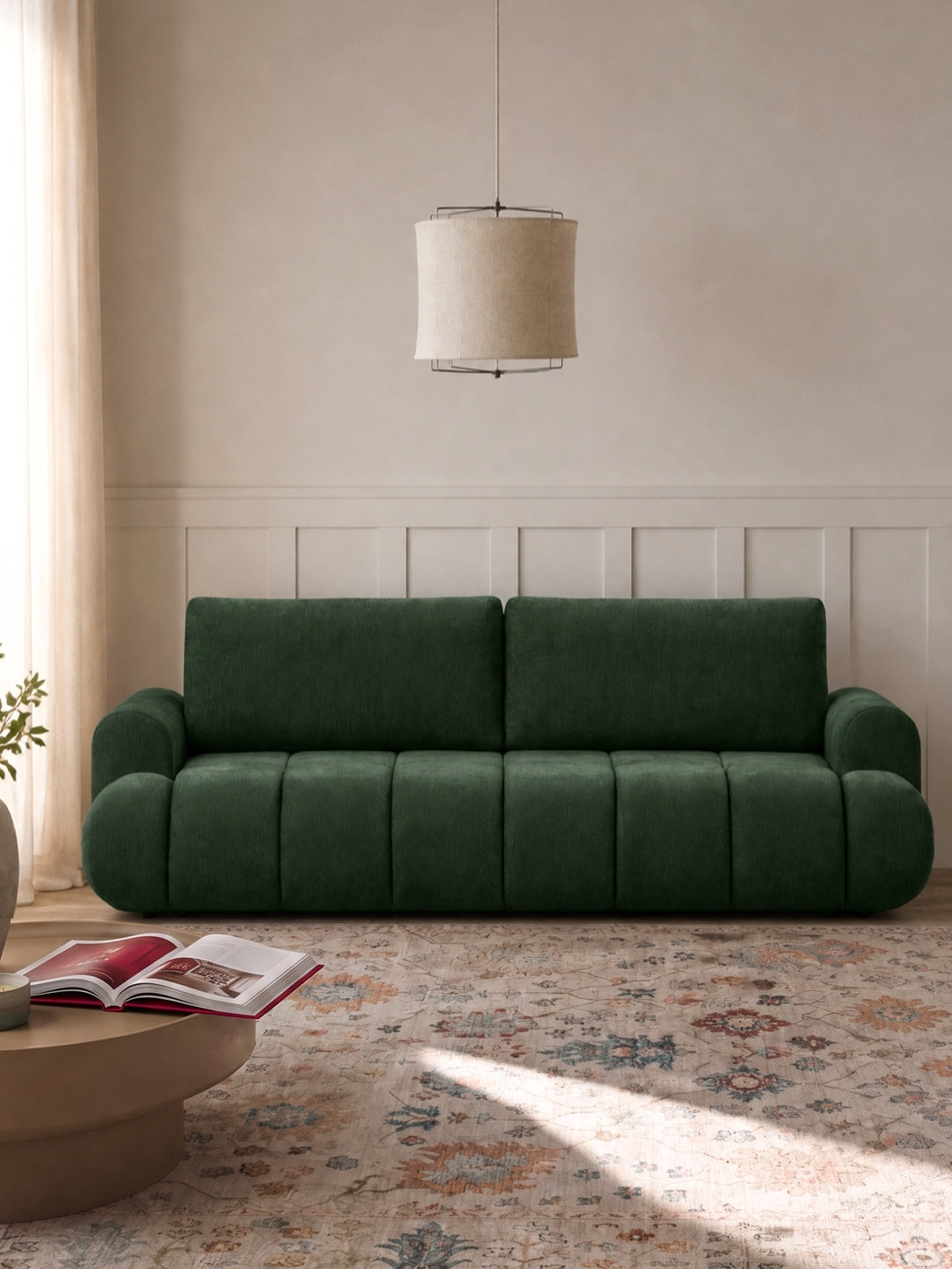 Canapea verde Lutario Vibe 39 din material szenil, trei locuri, cu funcție de dormit, vedere frontală
