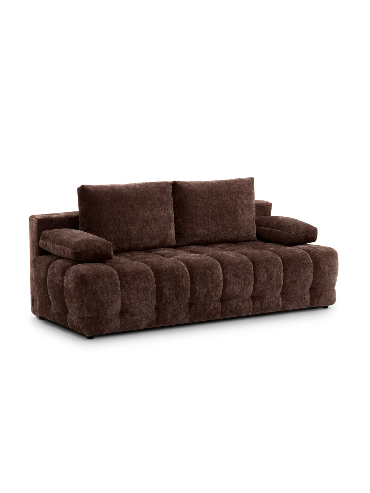Canapea extensibilă Tuko cu spațiu de depozitare, material chenil maro Vibe 26, vedere frontală cu perne