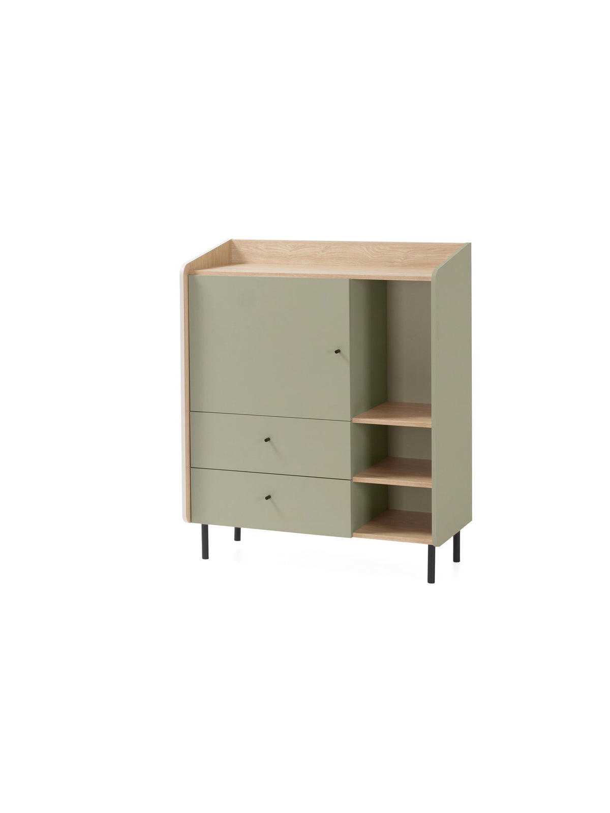 Comodă Fiorenza 95 cm cu sertare în culoarea eucalipt și stejar baltic dune, vedere frontală
