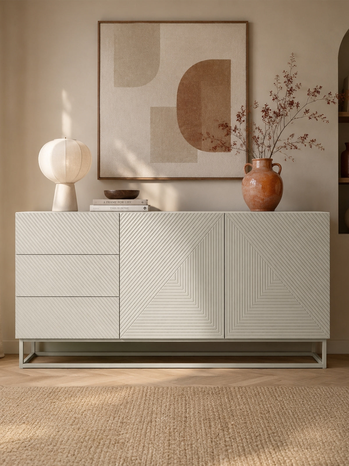 Comodă Asha 167 cm casmir cu front ridat, două uși și trei sertare