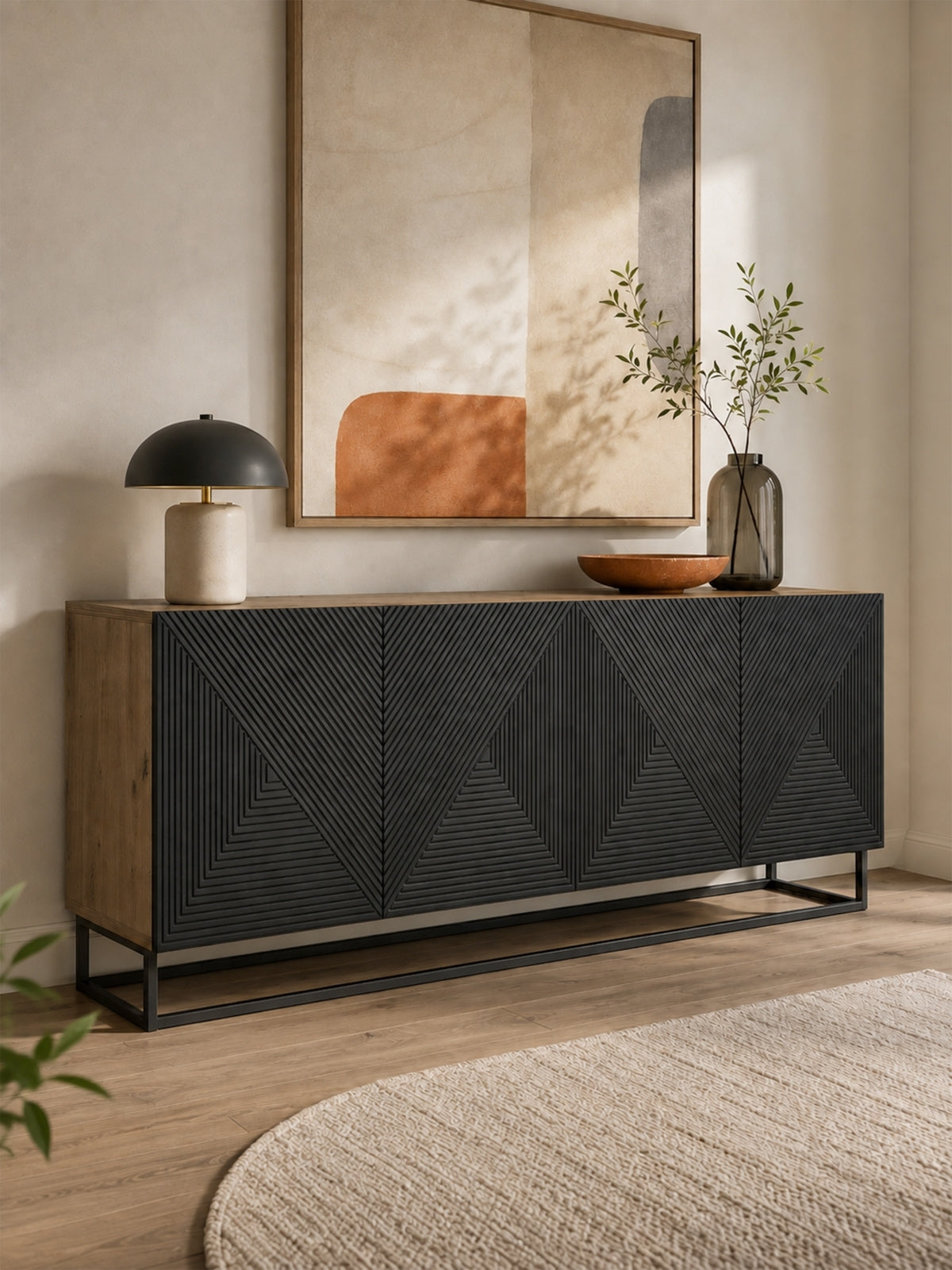 Comoda Asha 200 cm cu patru uși - artisan / negru mat / negru stelaz