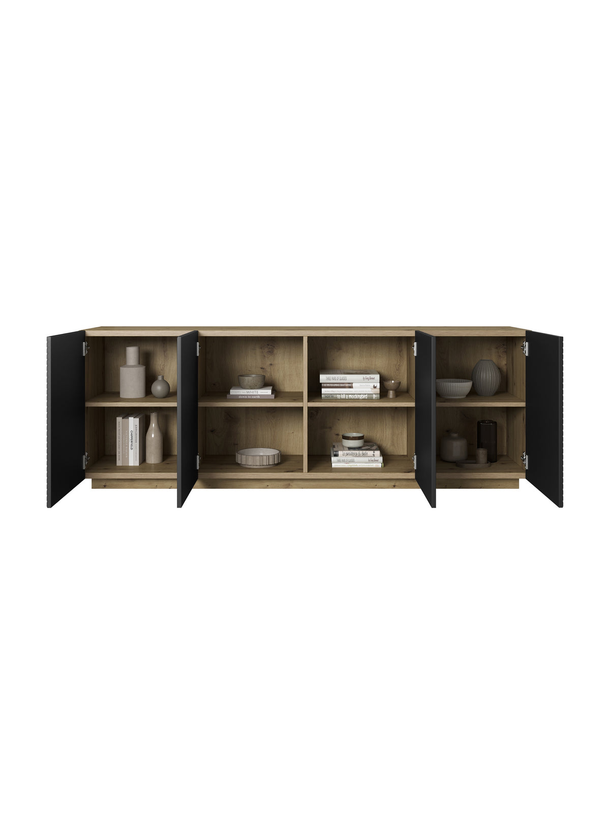 Comoda Asha 200 cm z ryflowanym frontem - artisan / negru mat