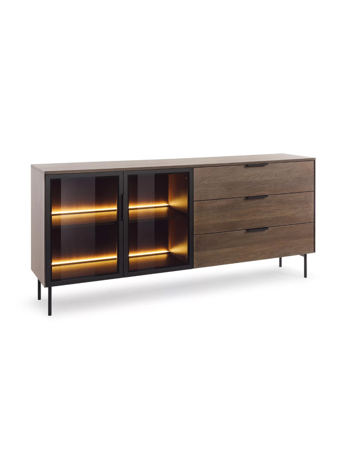 Comodă Auri 181 cm cu sertare și iluminare LED, fronturi stejar dunin și picioare negre