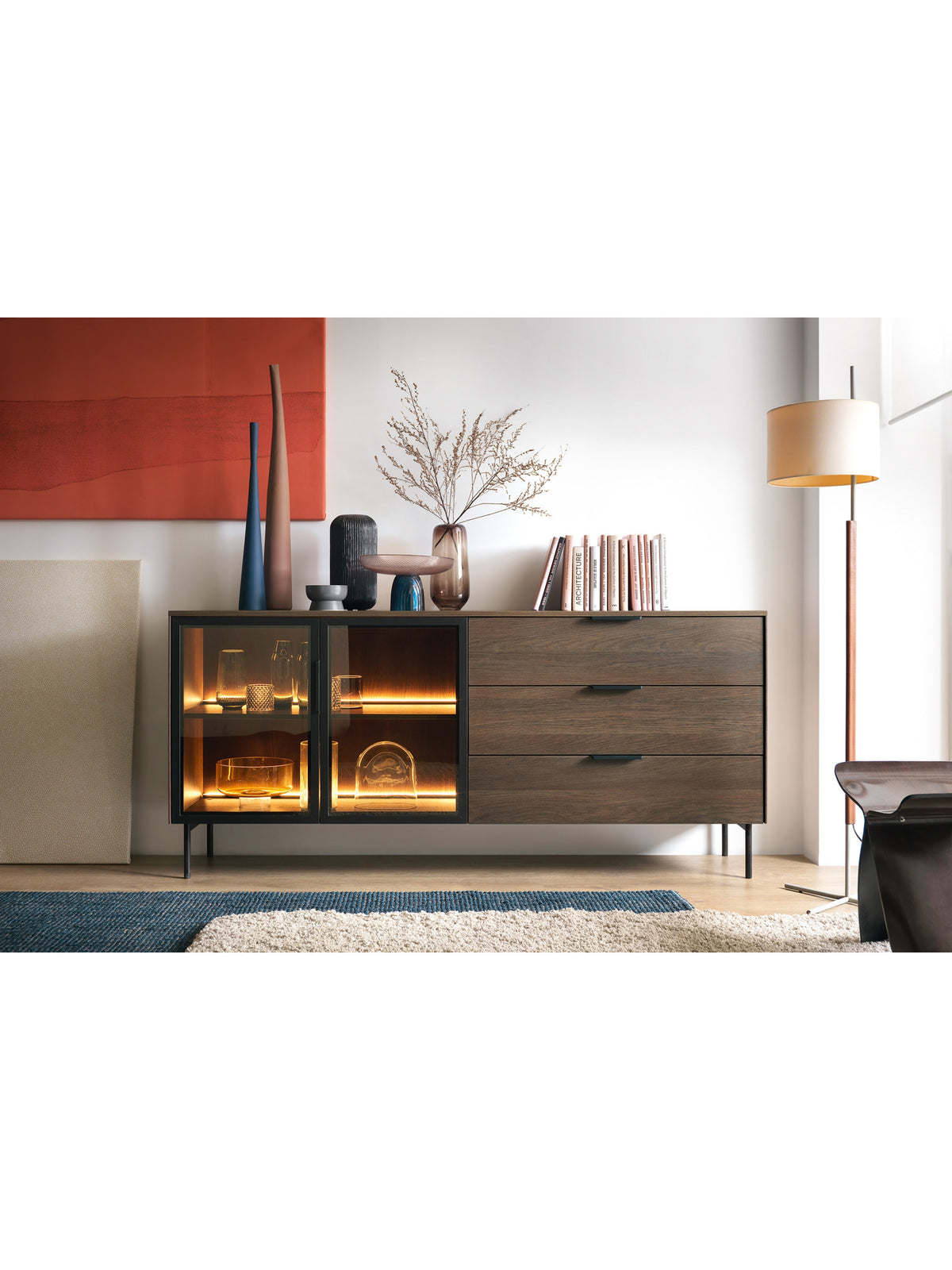 Comodă Auri 181 cm din laminat stejar dunin închis, cu 3 sertare și iluminare LED