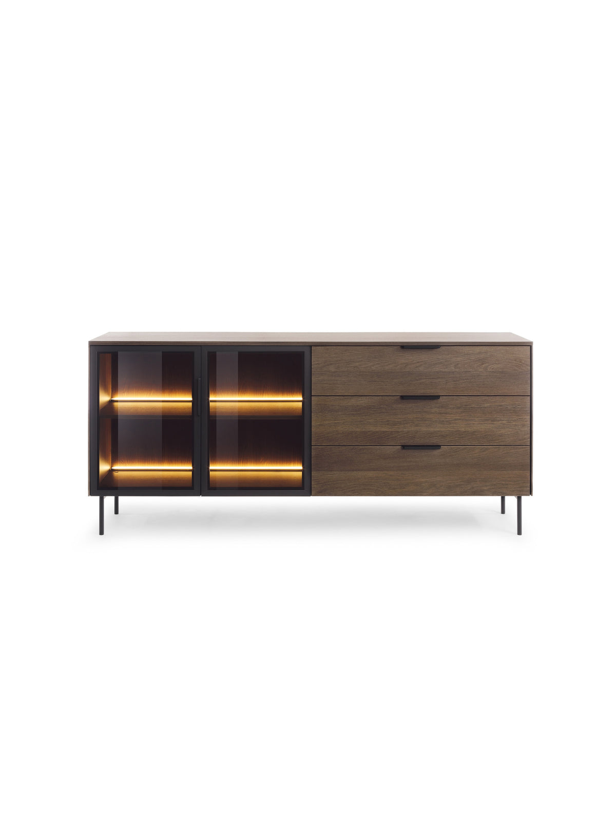 Komoda Auri 181 cm z szufladami, oświetleniem LED, dąb dunin i czarne nóżki