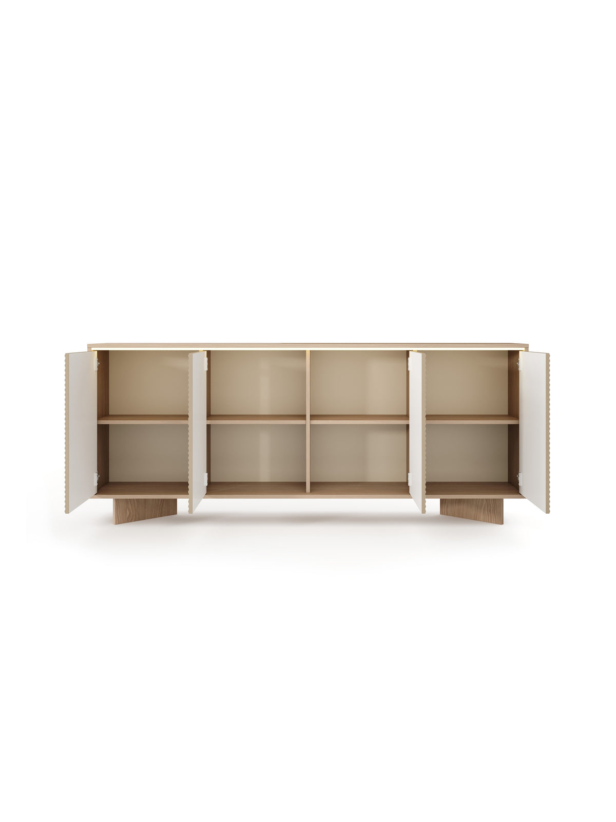 Comodă cu patru uși Erini 204 cm bej cu fronturi cappuccino striate, interior deschis