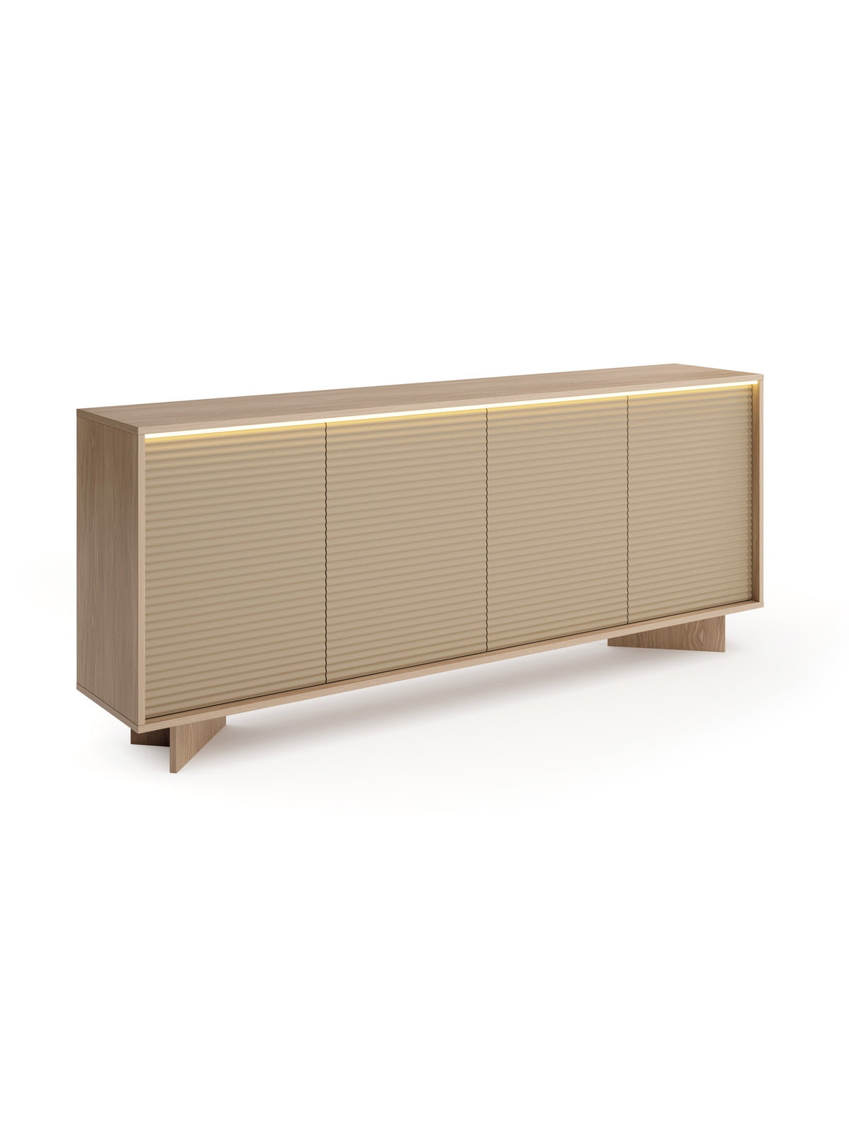 Comodă cu patru uși Erini 204 cm în nuanțe bolivar natural și cappuccino cu iluminare LED