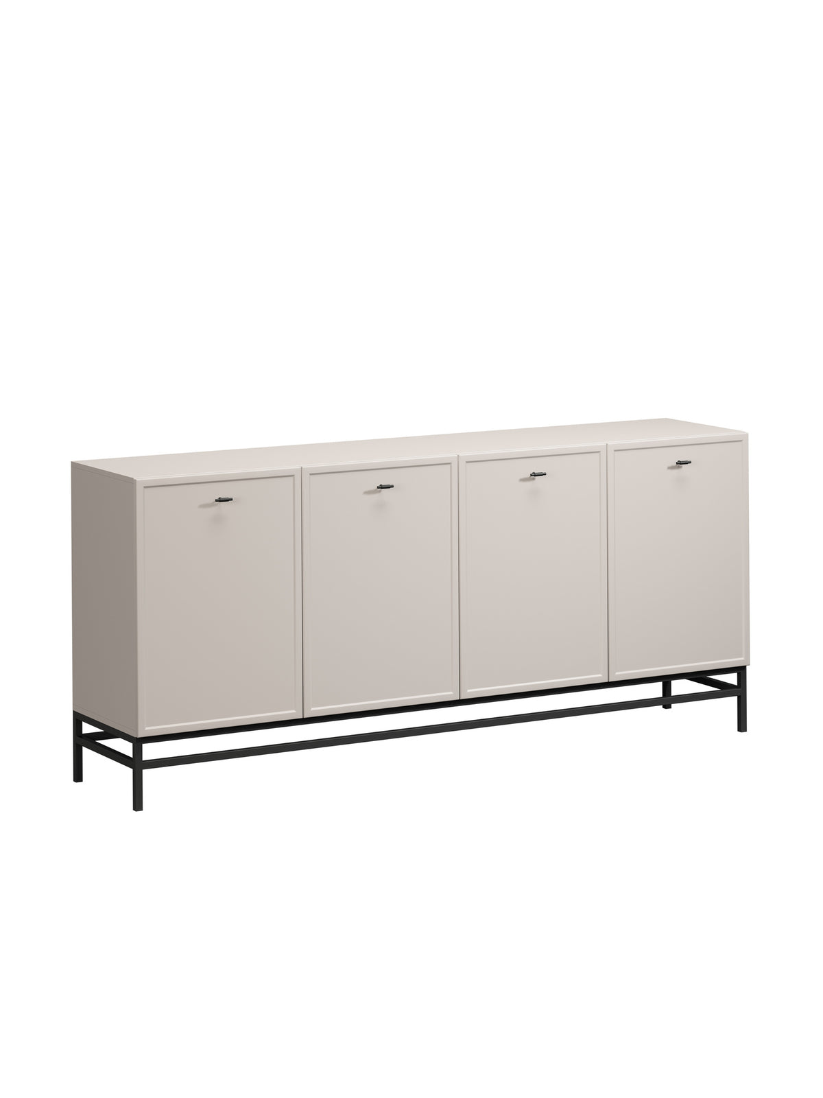 Comodă Lorini 200 cm cu patru uși, culoare casmir, cu mânere negre T-bar și cadru metalic