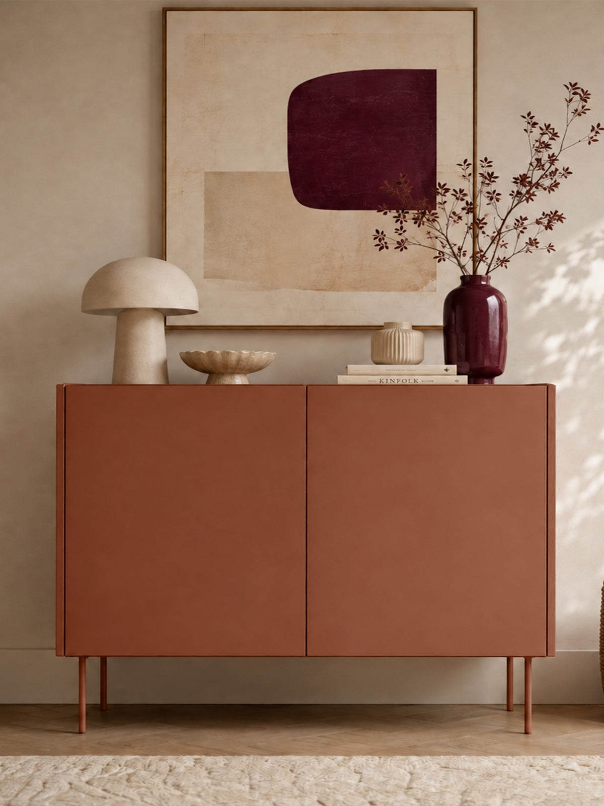 Comodă Desin 120 cm cu două uși ceramic red și blat stejar nagano