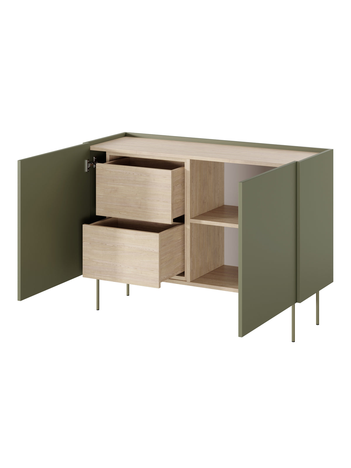 Comodă Desin 120 cm olive cu două sertare și blat din stejar Nagano