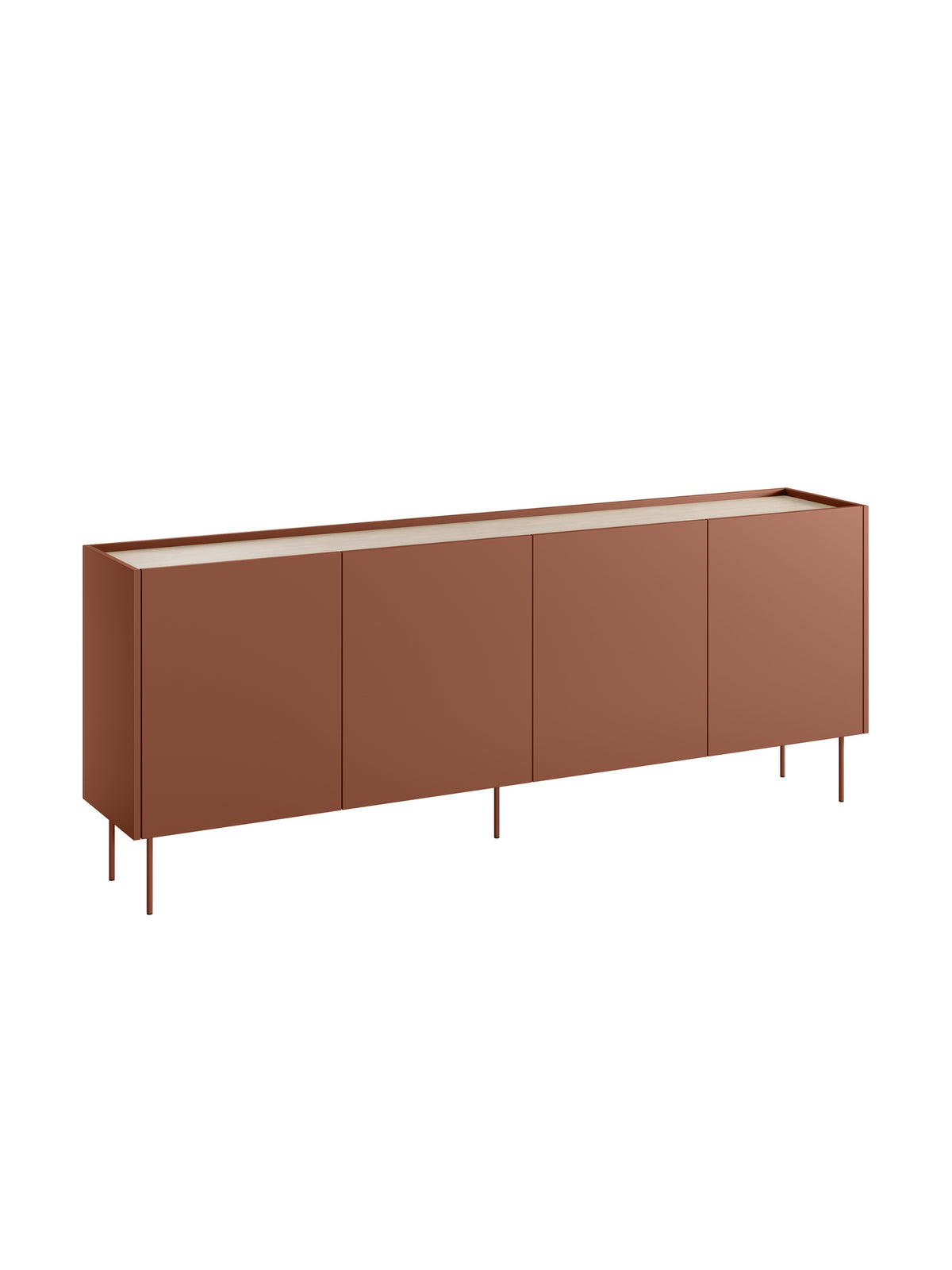 Comodă Desin 220 cm cu patru uși, culoare ceramic red, blat stejar Nagano