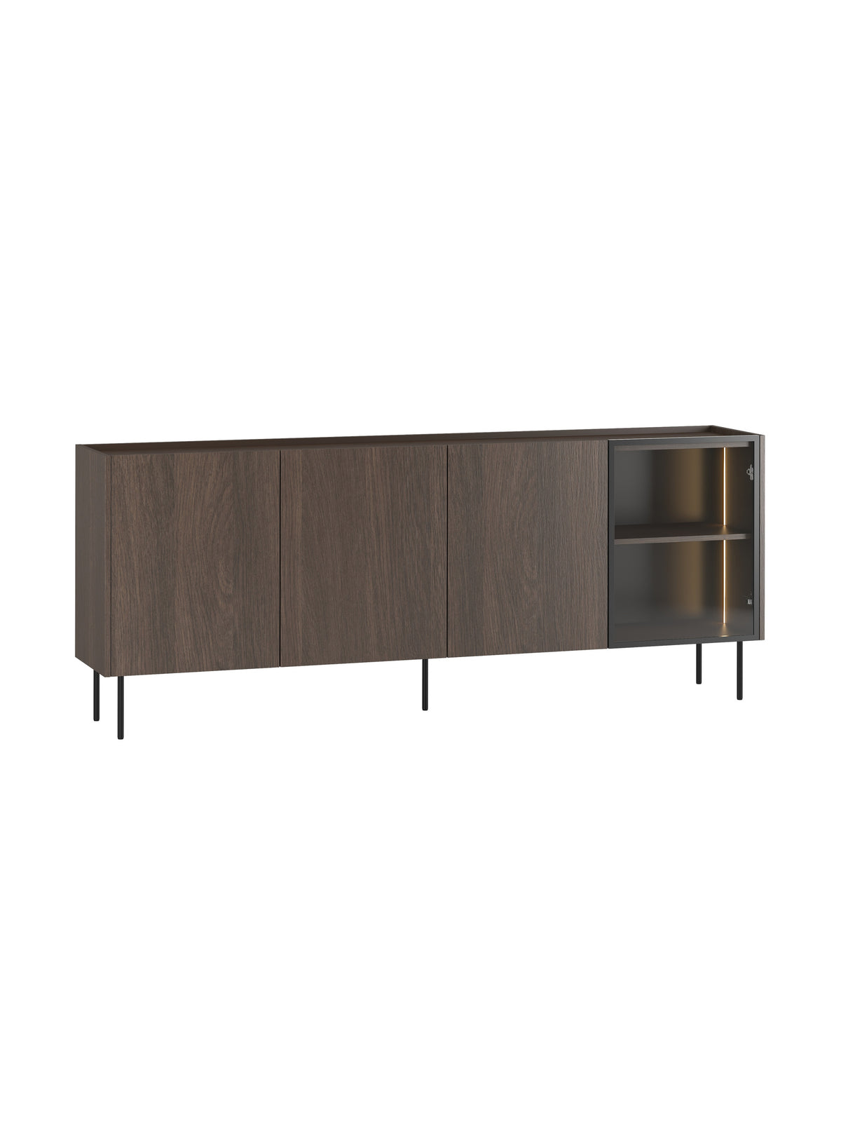 Comodă modernă Dunari 220 cm cu patru uși, culoare stejar dunin, picioare metalice