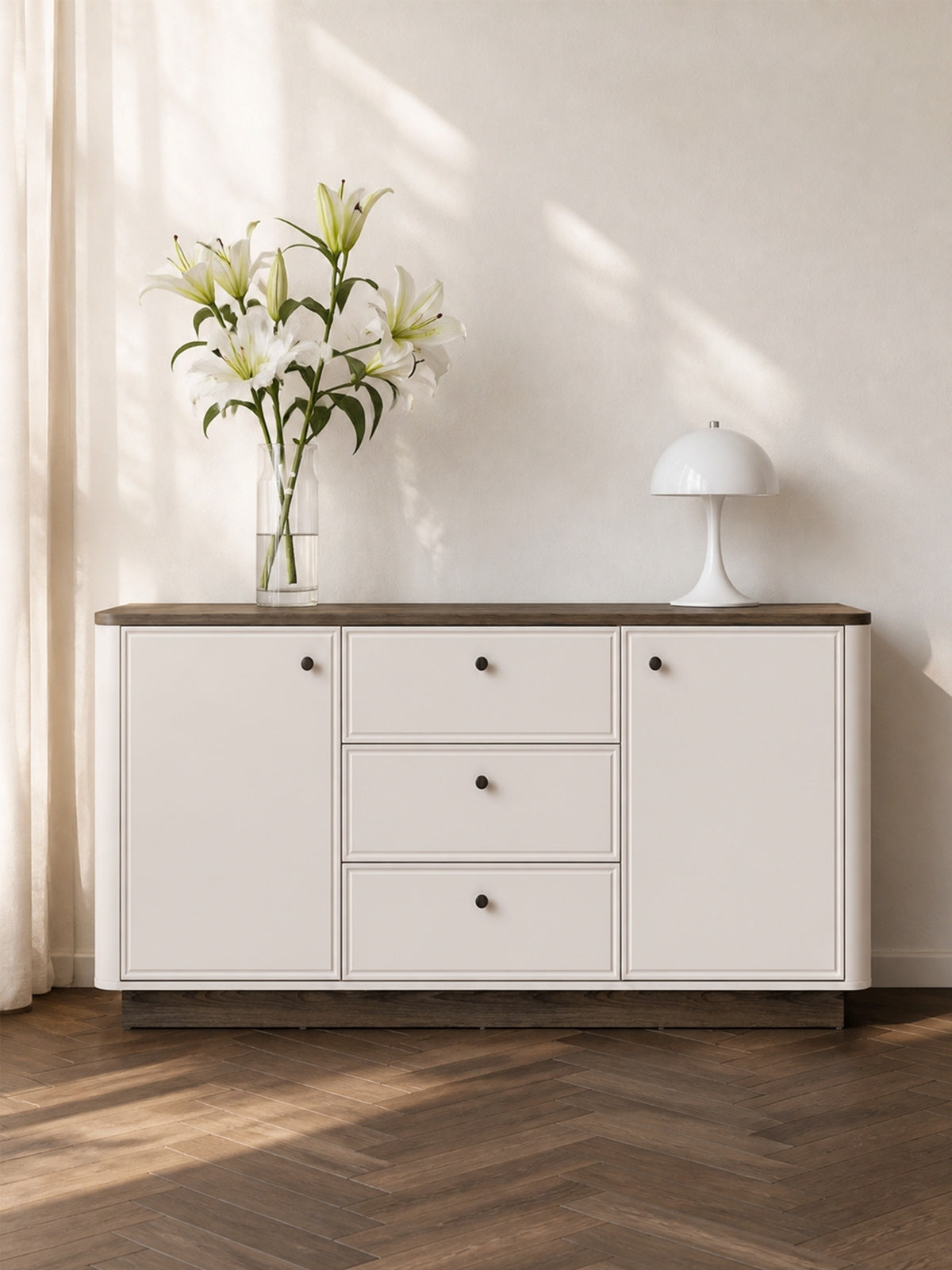 Comodă mare Amberto 180 cm cashmere cu sertare și soclu dąb windmill dark