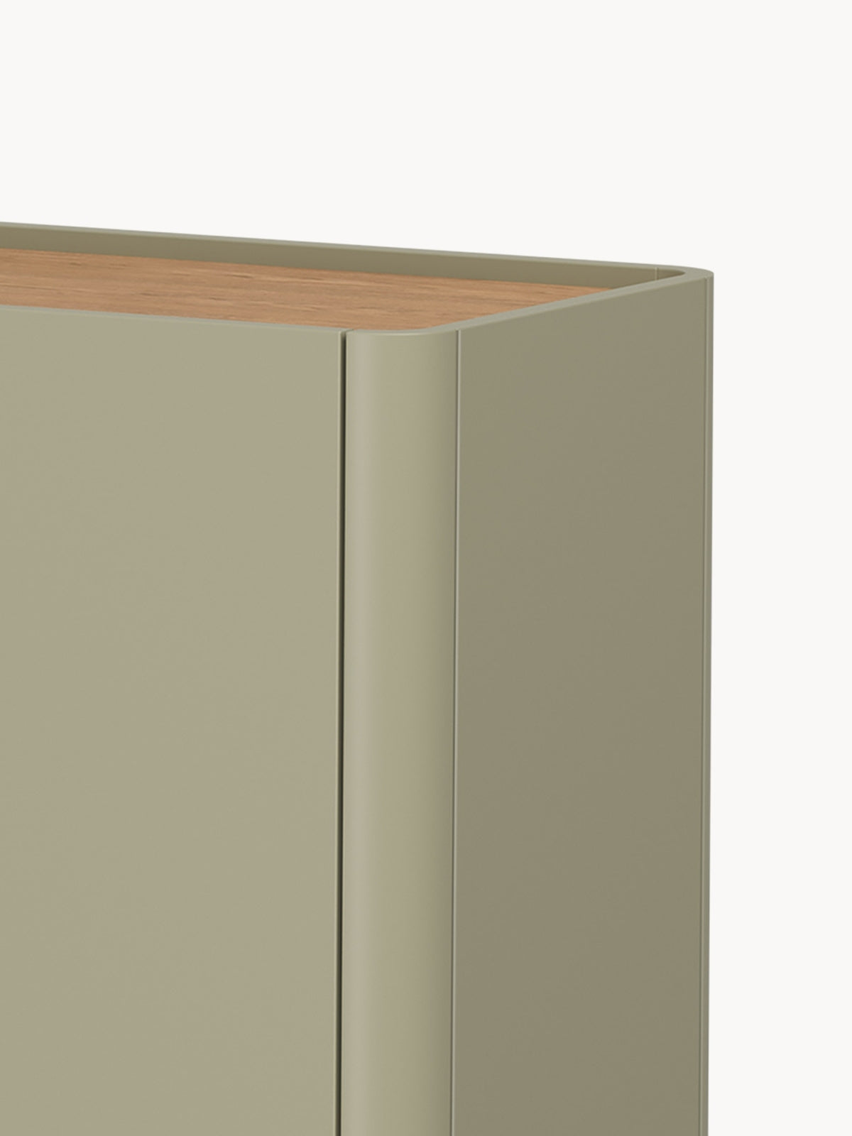 Komoda Elivo 200 cm czterodrzwiowa eukaliptus z blatem dąb baltic dune, zaokrąglone krawędzie frontu