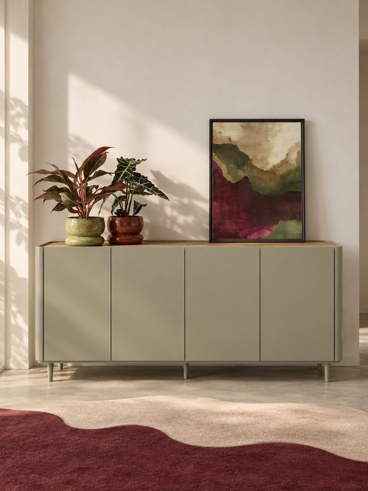 Comodă Elivo 200 cm cu patru uși, culoare măslinie, picioare, blat stejar baltic dune