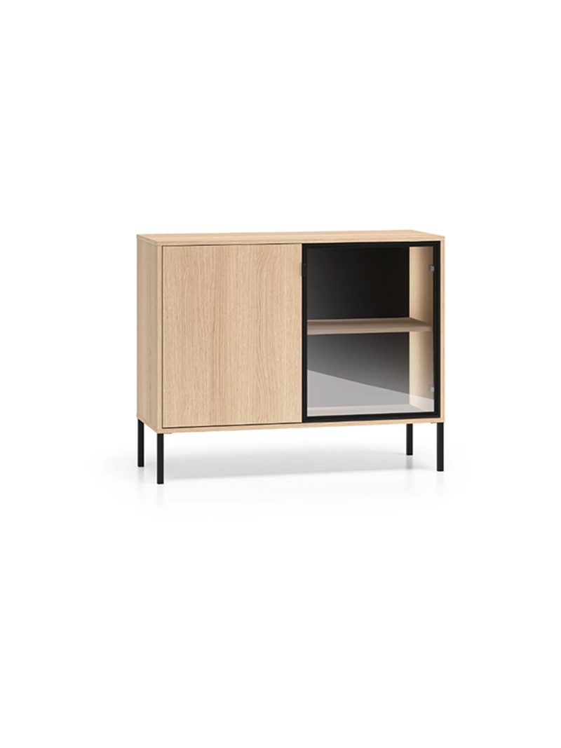 Comodă Harmona 107 cm cu două uși și iluminare LED, stejar lindberg, picioare negre