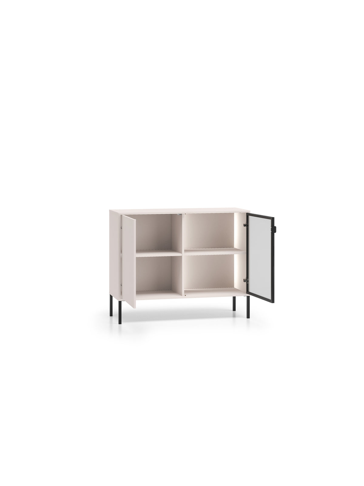 Komoda Harmona 107 cm dwudrzwiowa kaszmir z oświetleniem LED, drzwi z aluminiową ramką otwarte