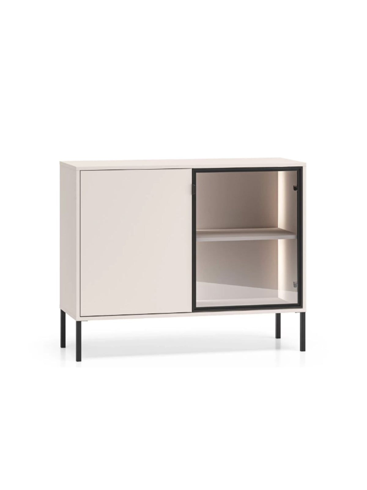 Comodă Harmona 107 cm cu două uși și iluminare LED, culoare casmir, picioare negre, vedere frontală