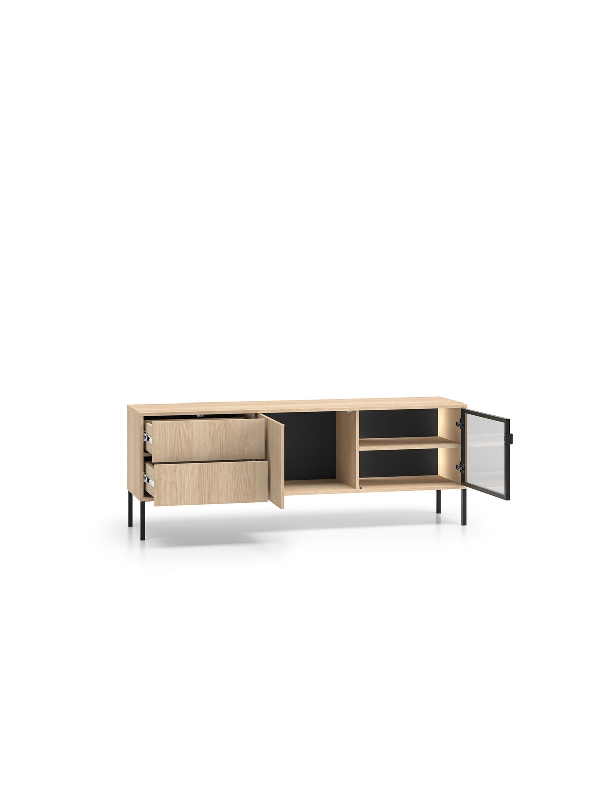 Comodă TV Harmona 160 cm cu sertare, front din lemn dąb lindberg și iluminare LED