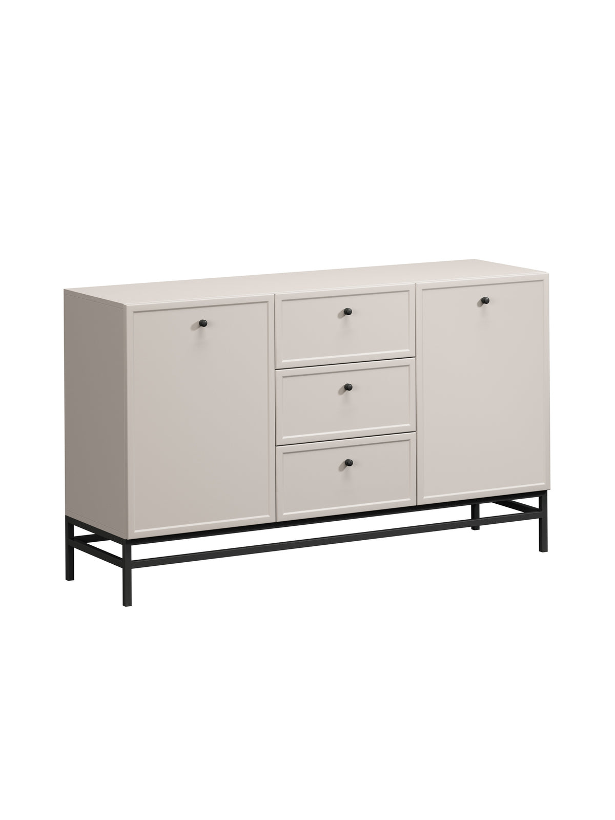 Comodă Lorini 150 cm culoare casmir cu mânere negre și cadru metalic, vedere frontală cu sertare