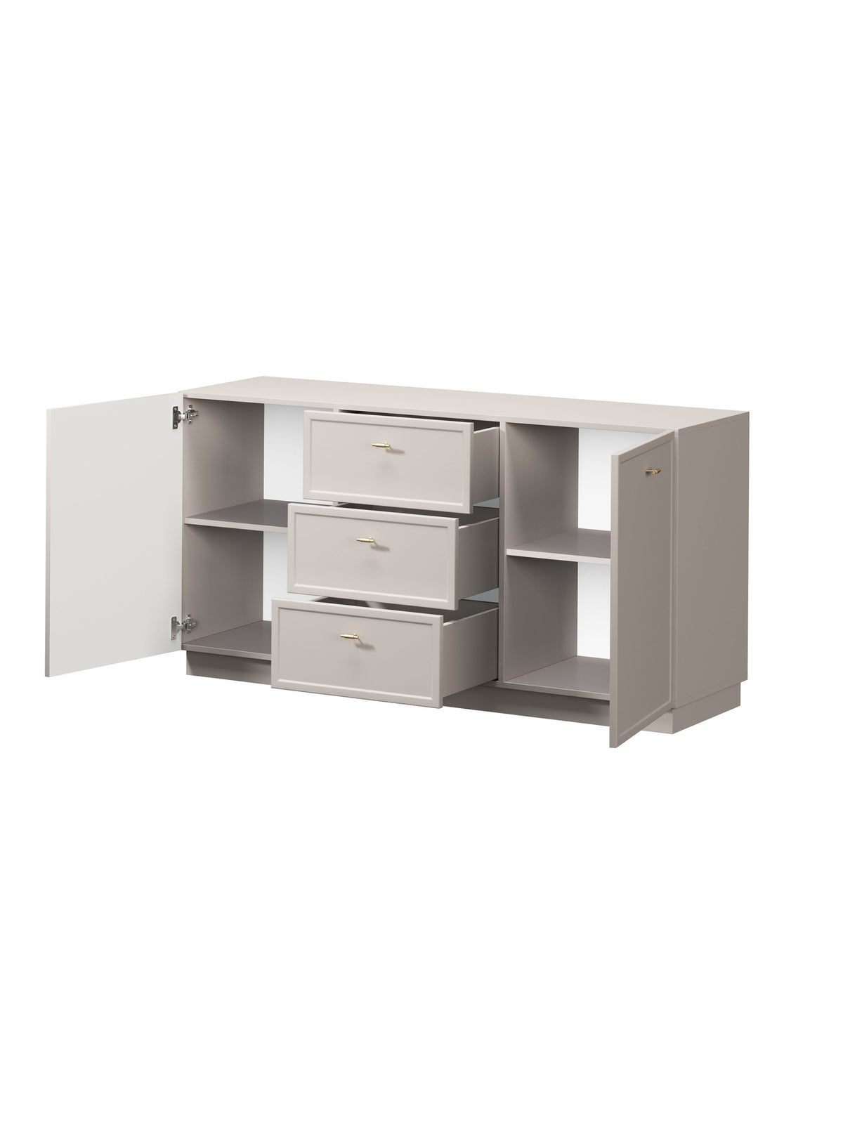 Comodă Lorini 150 cm casmir cu trei sertare și mânere aurii T-bar
