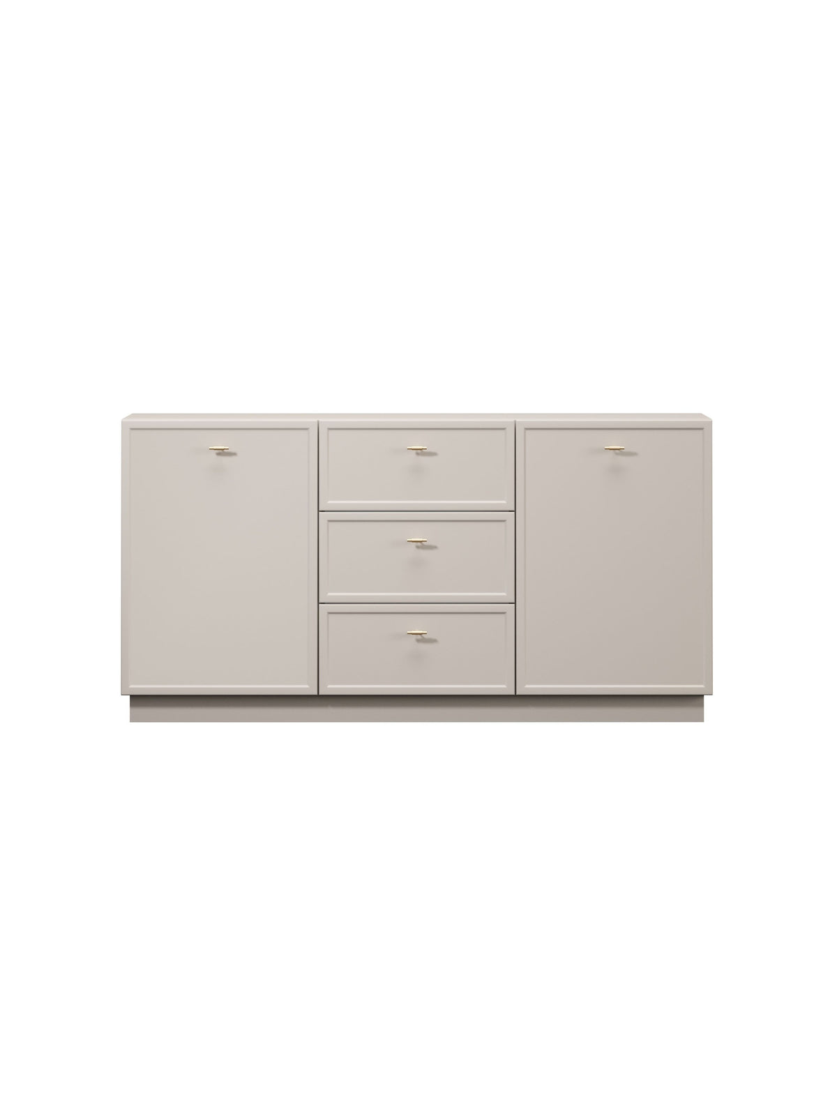 Comodă Lorini 150 cm culoare casmir cu trei sertare și mânere T-bar aurii, vedere frontală