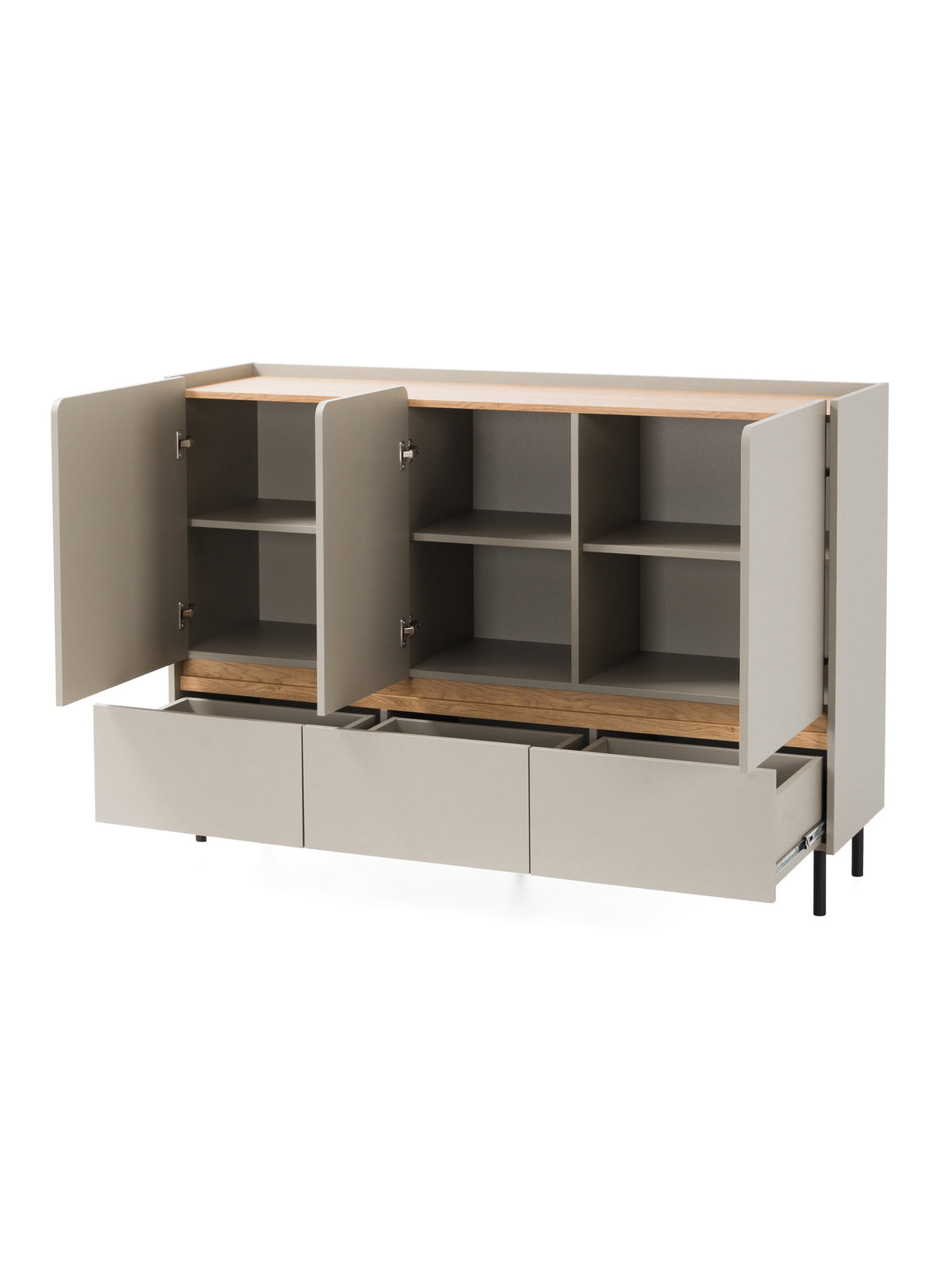 Comodă Altea 150 cm bej nisipiu cu front din stejar uleiat și trei sertare, vedere interior deschis