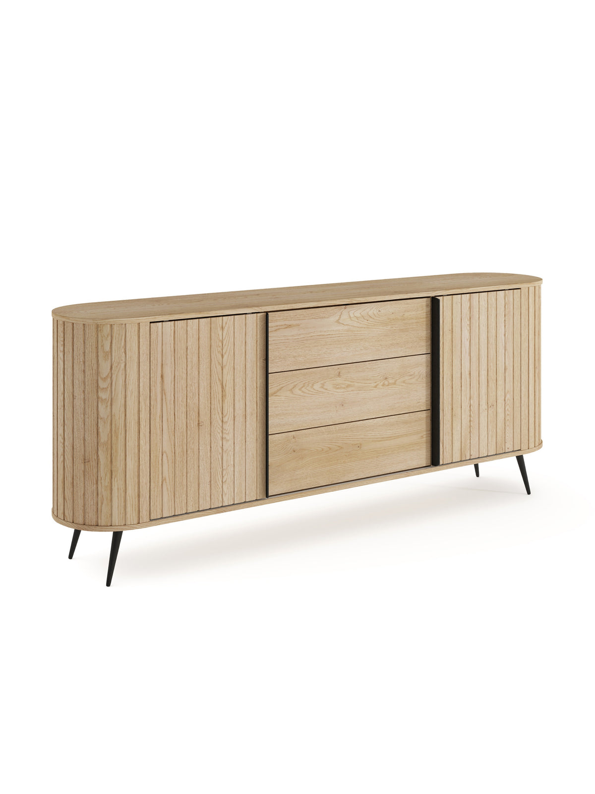 Comodă Luvio 196 cm cu sertare, culoare dąb cremona, front striat și picioare negre