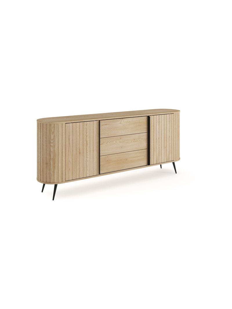 Comodă Luvio 196 cm cu sertare, culoare dąb cremona, front striat și picioare negre