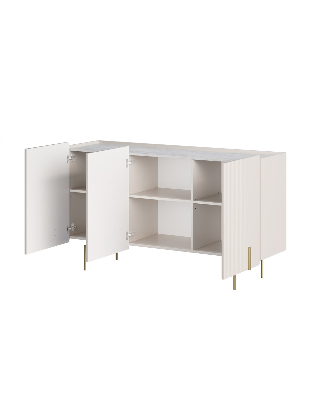 Comodă Malmi 150 cm cu trei uși, culoare kaszmir, blat crema bianca și picioare aurii, interior deschis