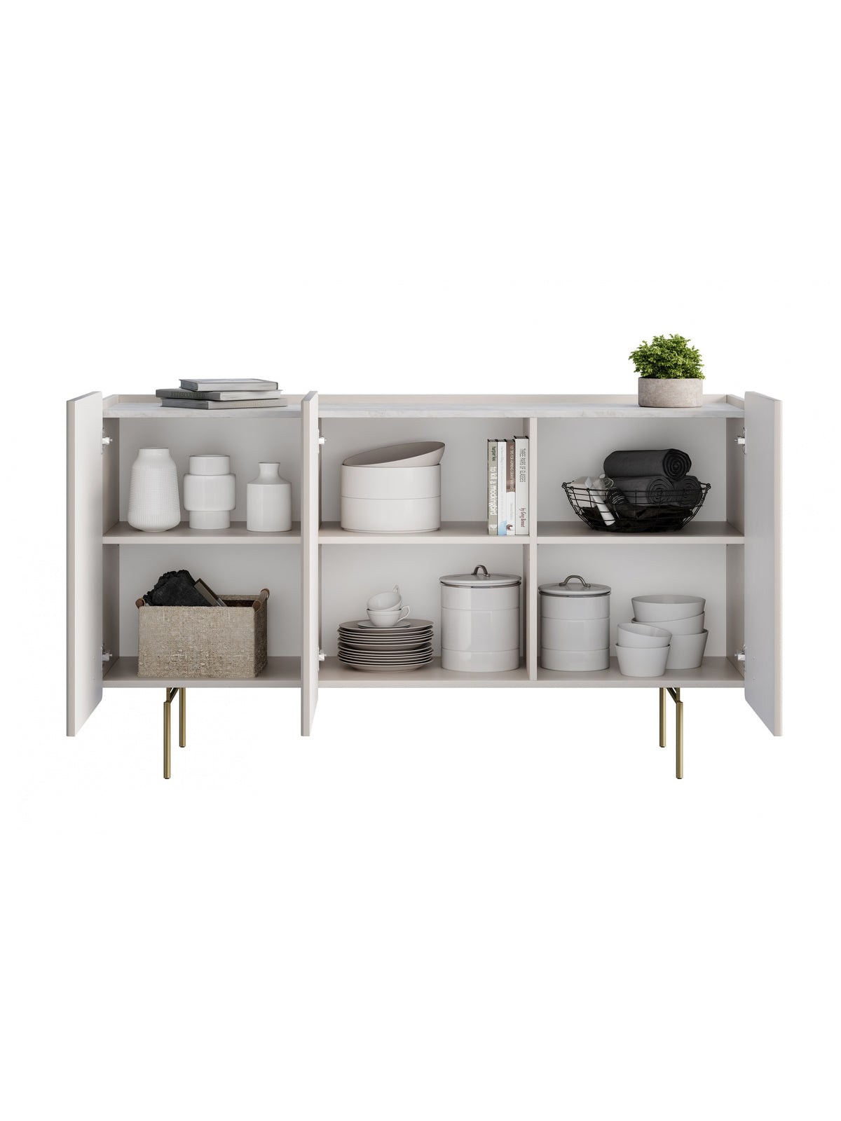 Comodă Malmi 150 cm trei uși casmir cu blat crema bianca și picioare aurii, vedere interior