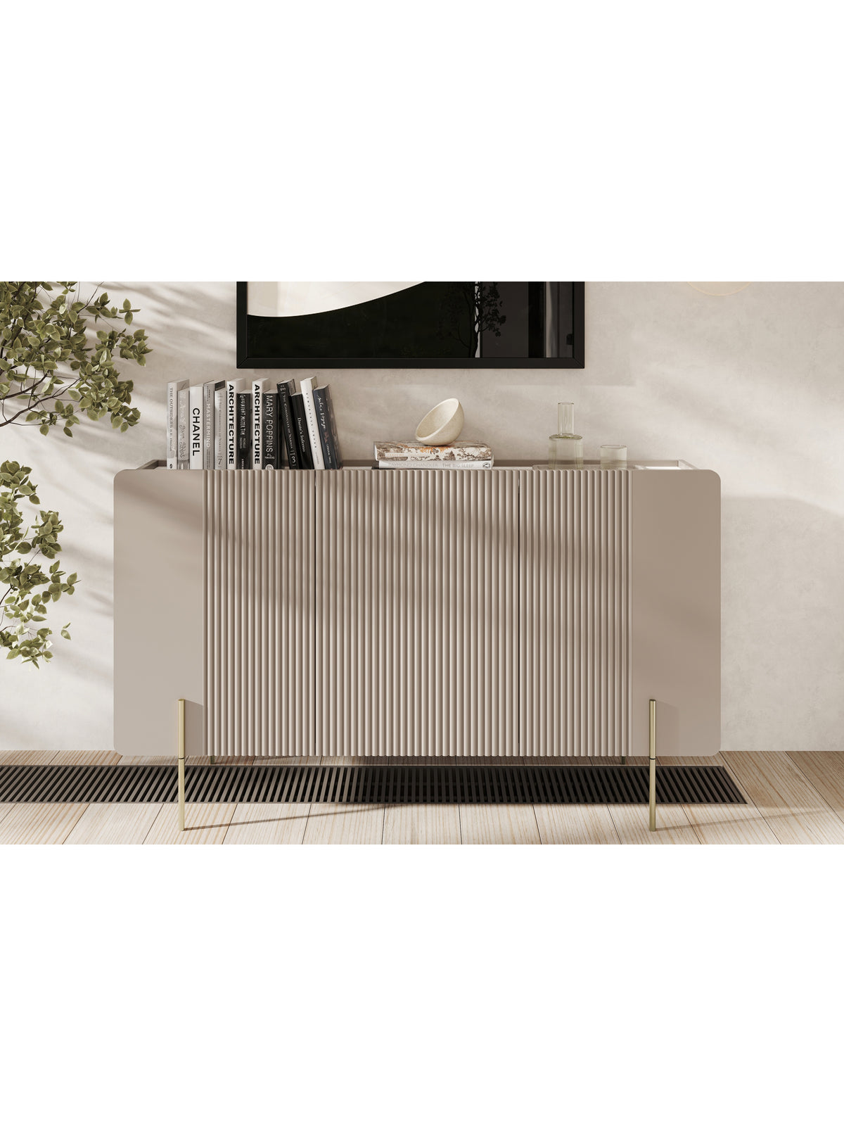 Comodă Malmi 150 cm trei uși casmir cu front striat și picioare aurii