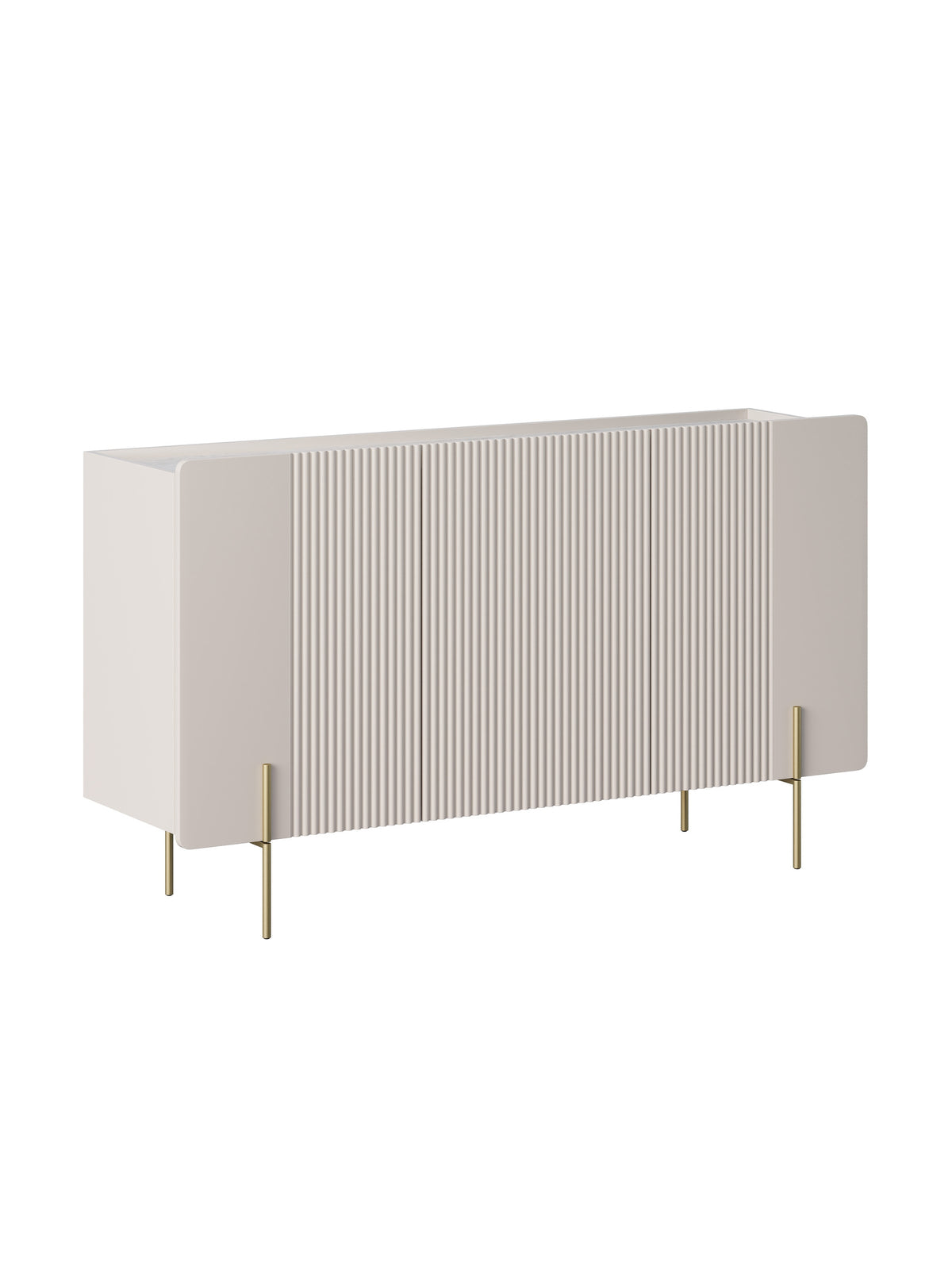 Komoda Malmi 150 cm trzydrzwiowa kaszmir z ryflowanym frontem, crema bianca blat i złote nóżki