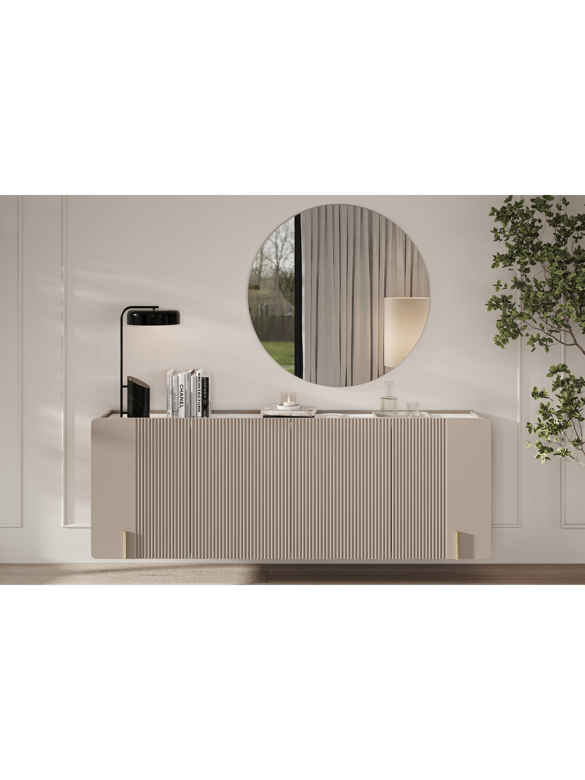 Comodă suspendată Malmi 200 cm cu patru uși, culoare cashmere, blat crema bianca și detalii aurii