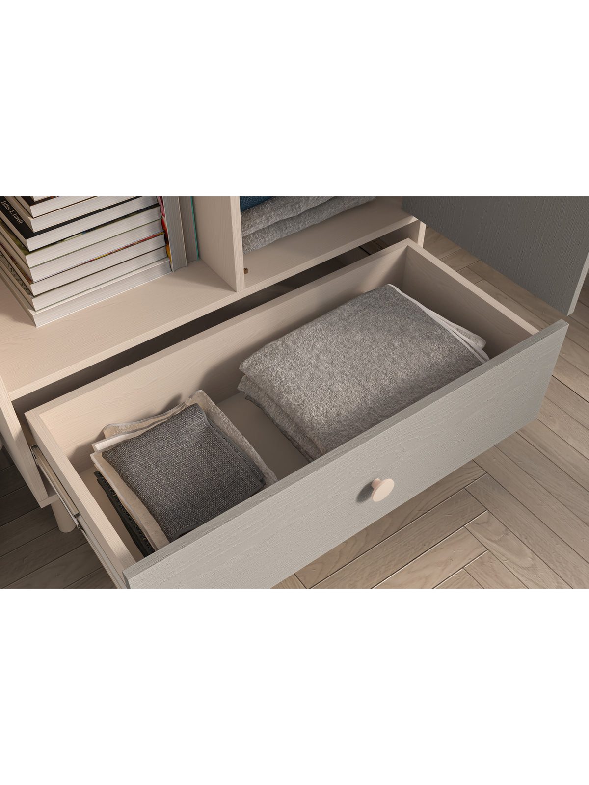 Comodă pentru copii Marla 80 cm cu sertar, culoare gri pallad, vedere sertar cu conținut